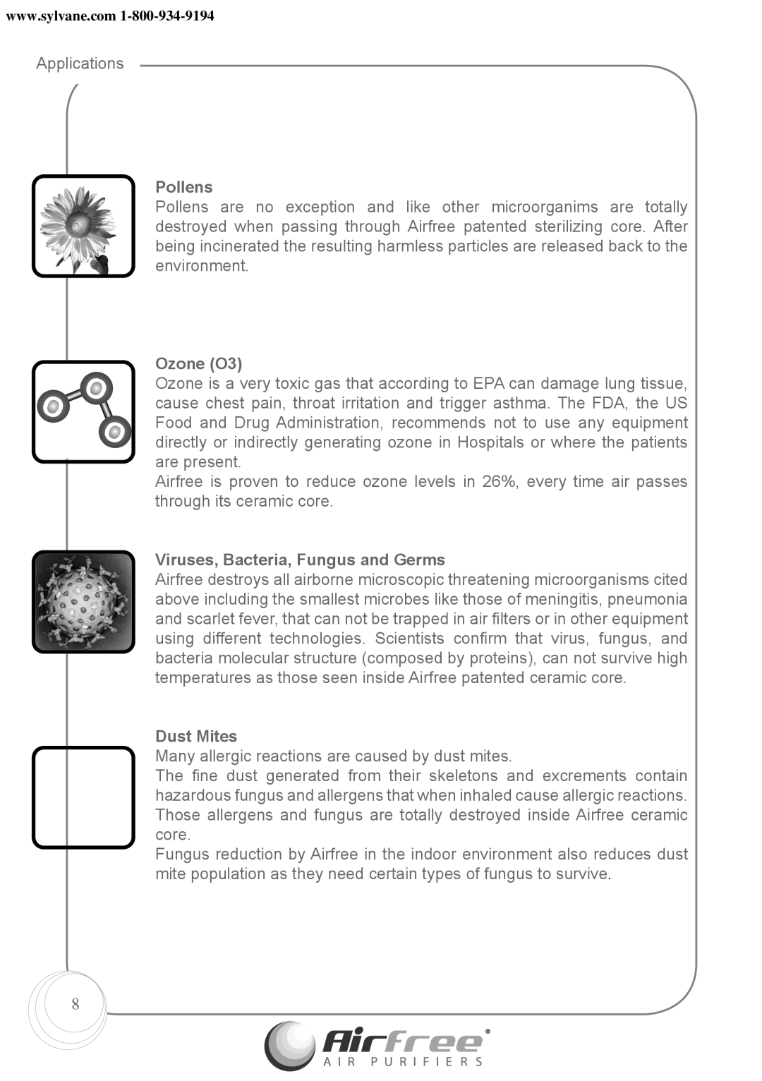 Airfree Onix 3000 instruction manual Pollens, Ozone O3, Viruses, Bacteria, Fungus and Germs, Dust Mites 