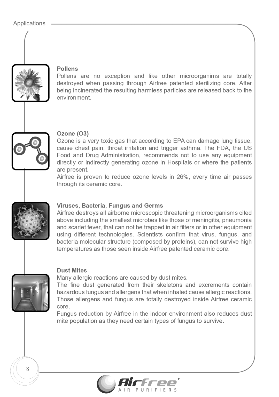 Airfree p1000 instruction manual Pollens, Ozone O3, Viruses, Bacteria, Fungus and Germs, Dust Mites 