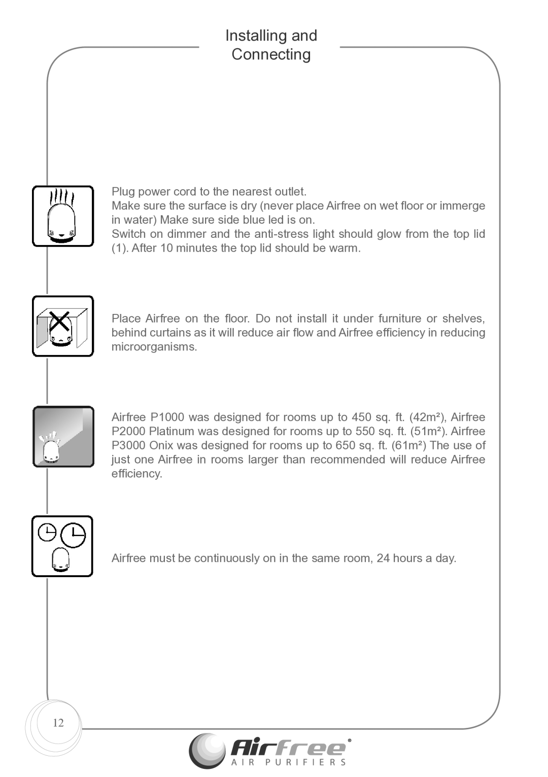 Airfree p1000 instruction manual Installing Connecting 