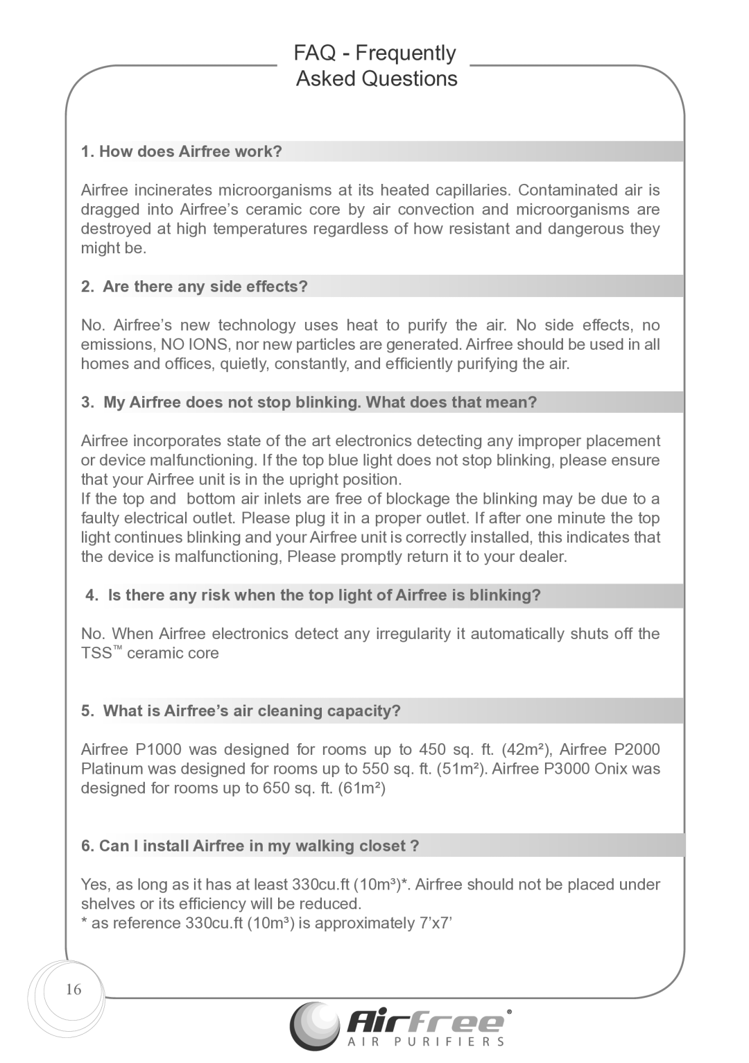 Airfree p1000 instruction manual FAQ Frequently Asked Questions 