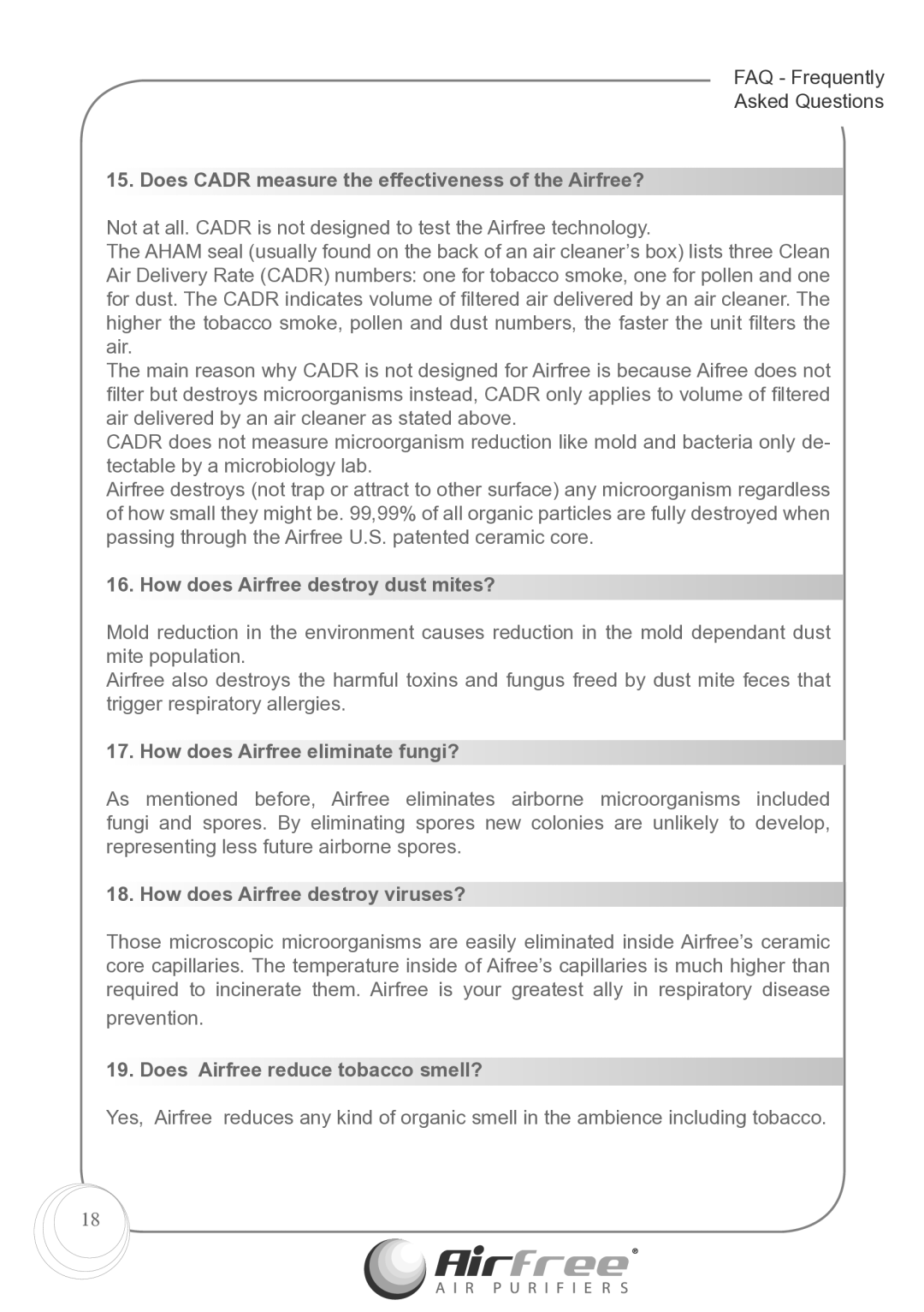 Airfree p1000 instruction manual Does Cadr measure the effectiveness of the Airfree?, How does Airfree destroy dust mites? 