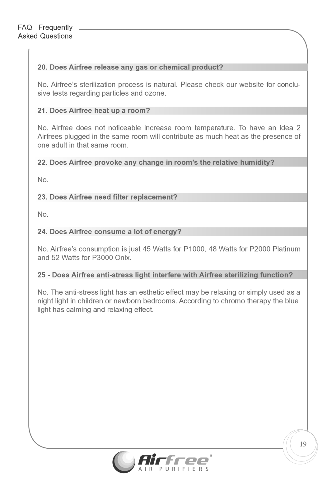 Airfree p1000 instruction manual Does Airfree release any gas or chemical product?, Does Airfree heat up a room? 