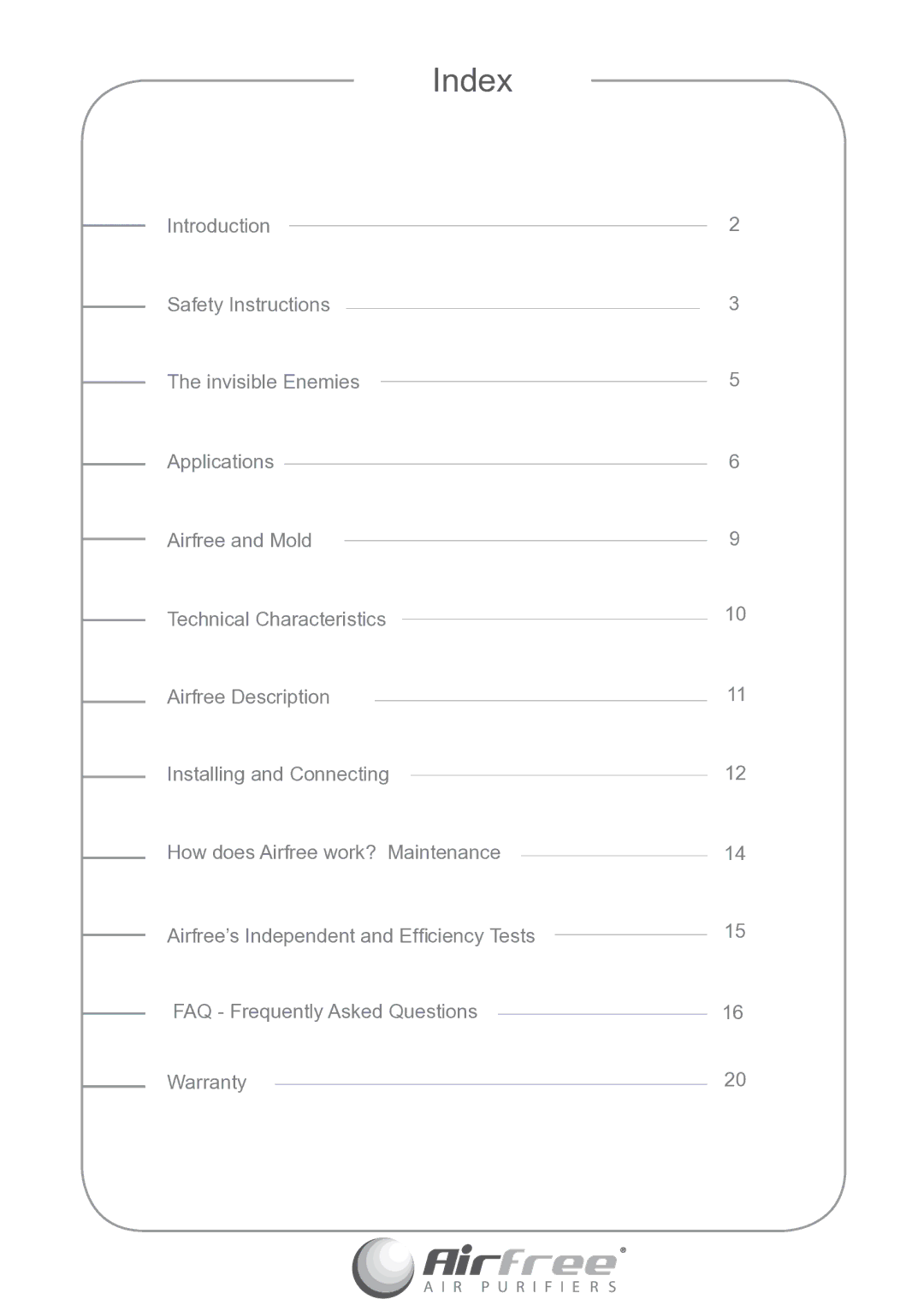 Airfree p1000 instruction manual Index 