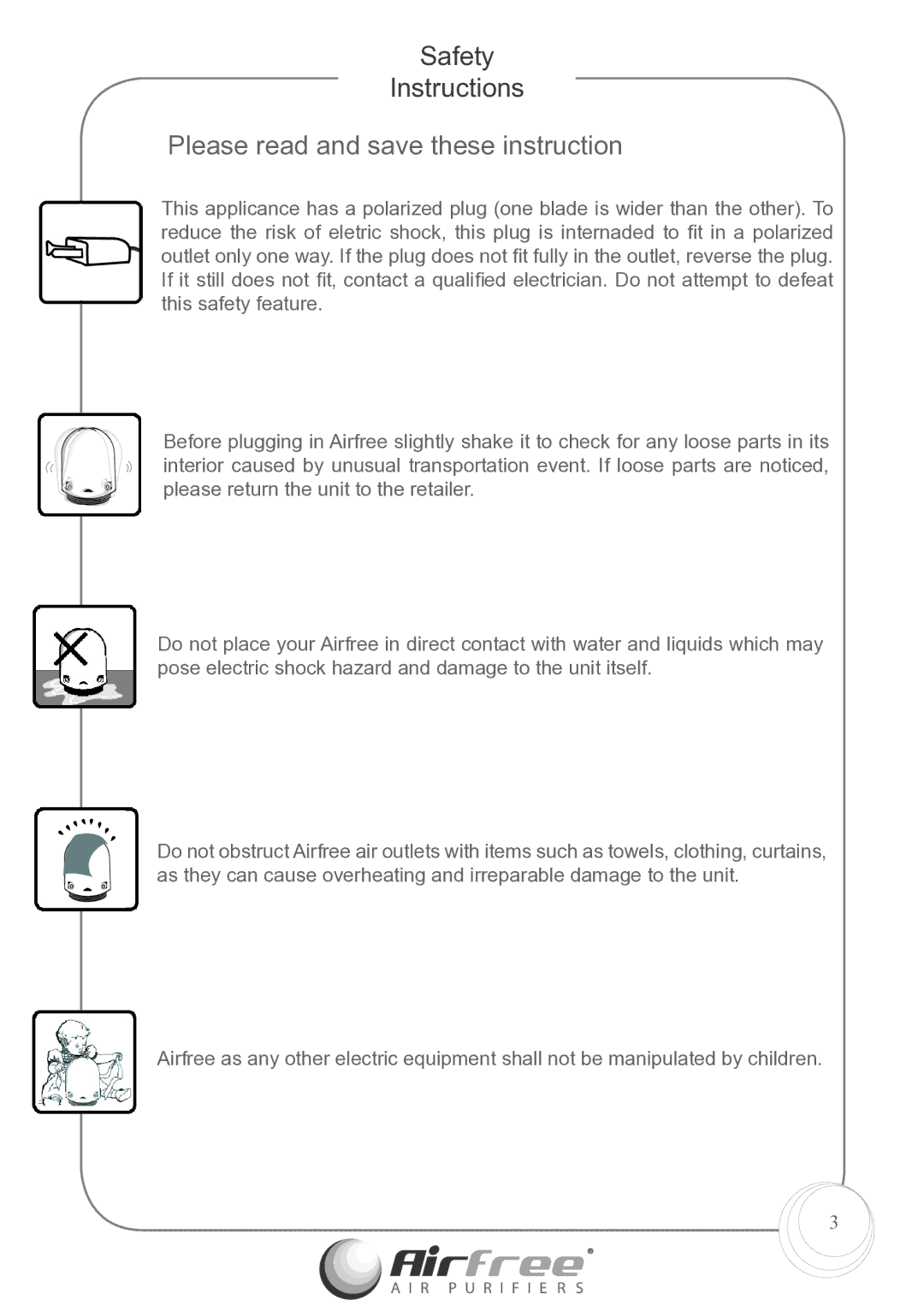 Airfree p1000 instruction manual Safety Instructions, Please read and save these instruction 