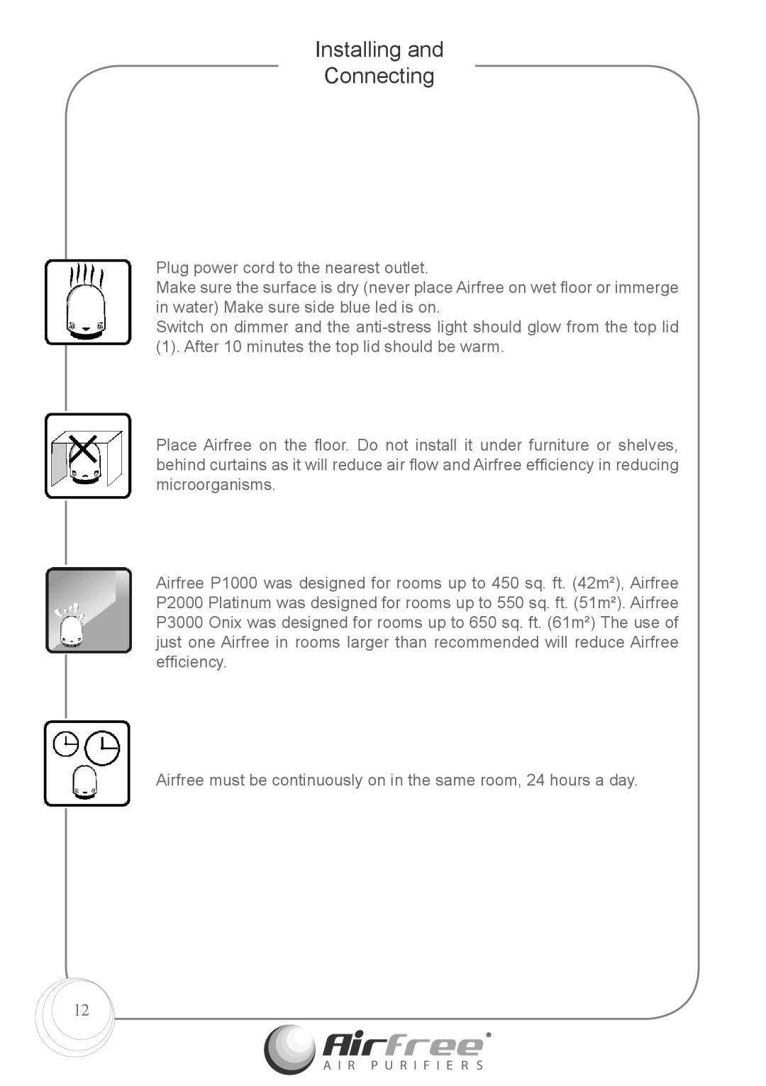 Airfree p1000 instruction manual Installing Connecting 