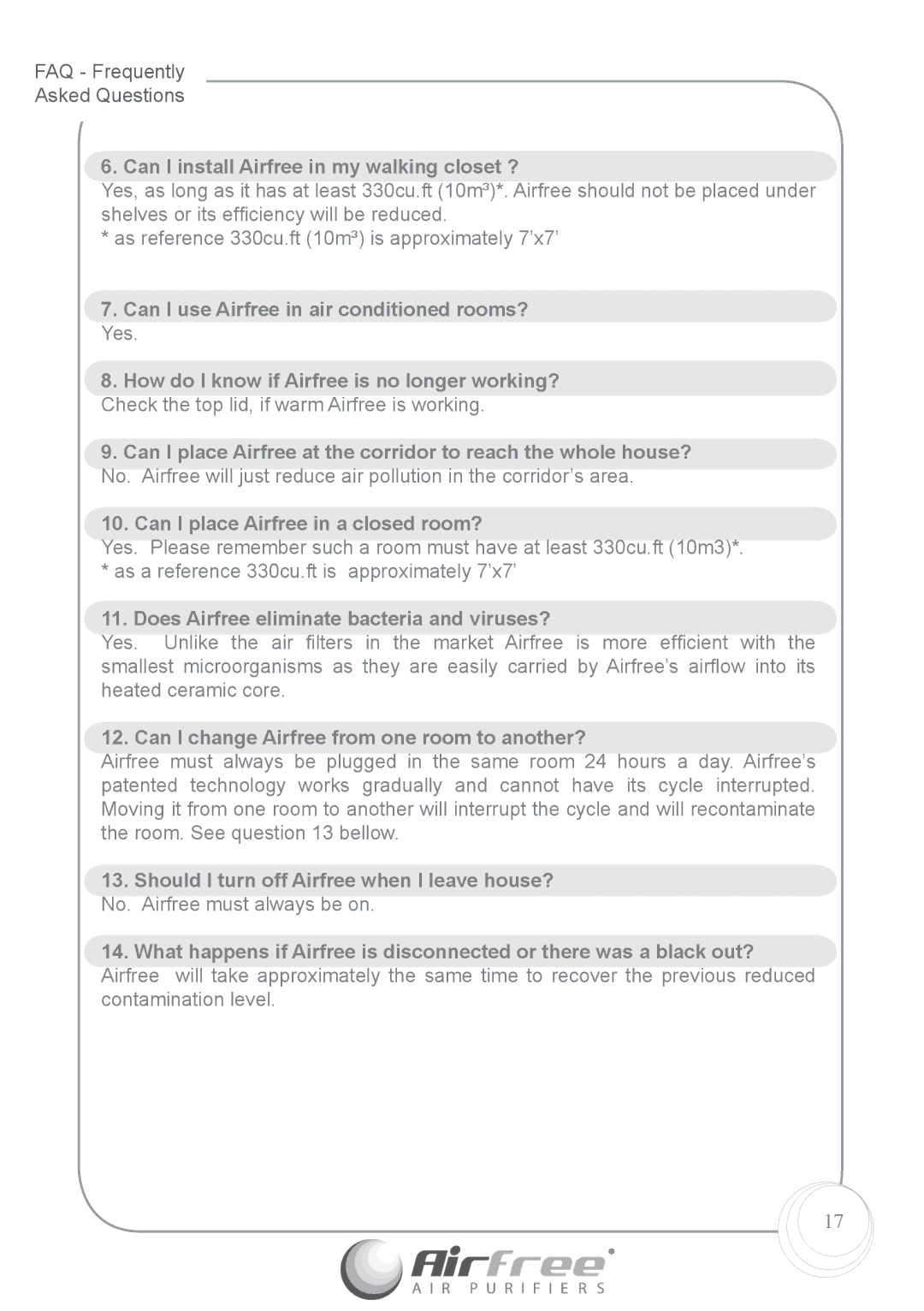 Airfree p1000 instruction manual Can I install Airfree in my walking closet ?, Does Airfree eliminate bacteria and viruses? 