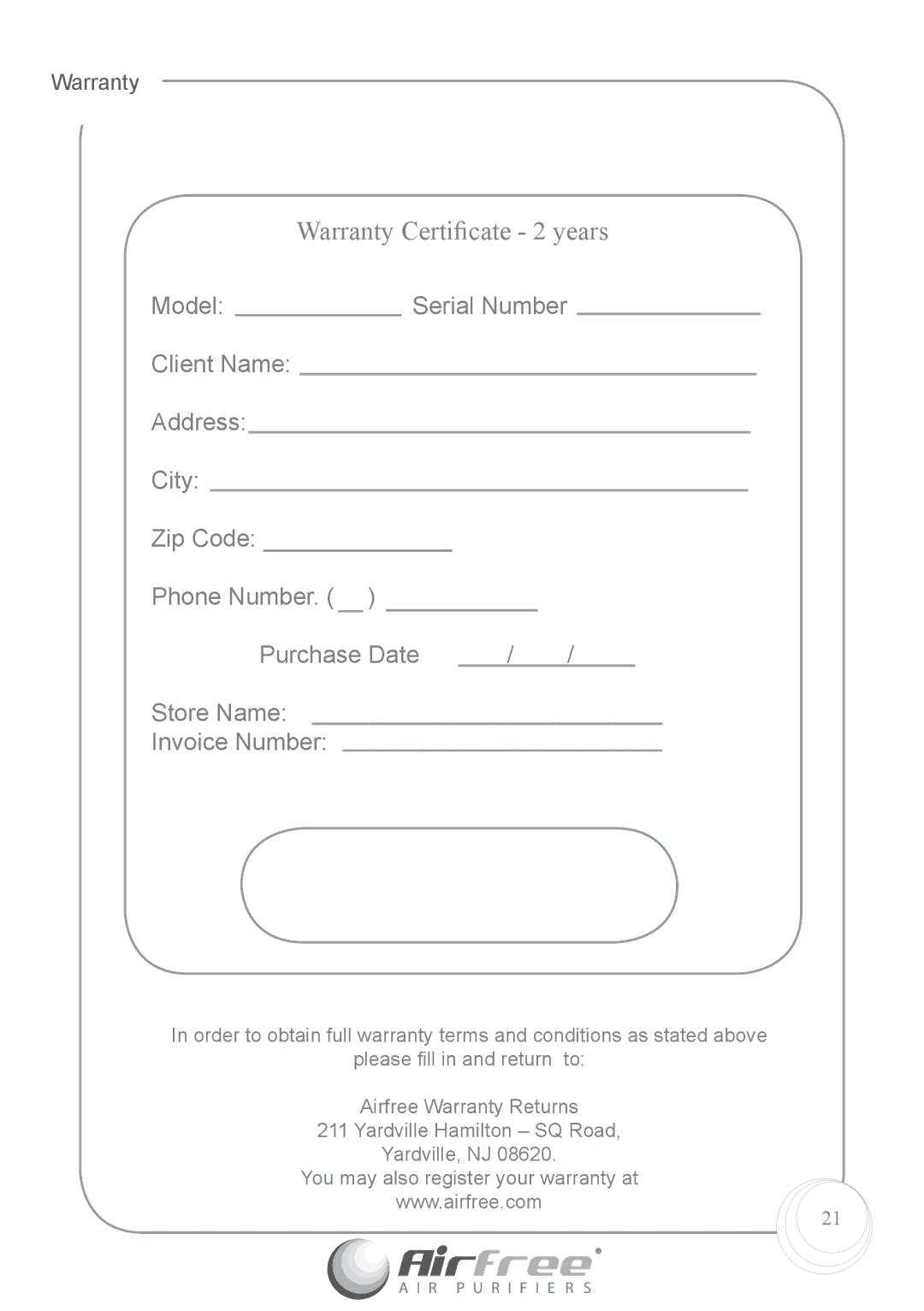 Airfree p1000 instruction manual Warranty Certiﬁcate 2 years 