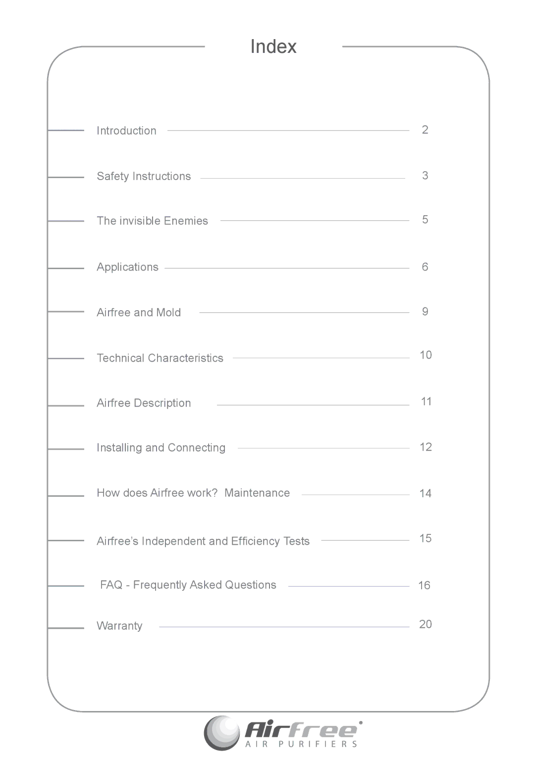 Airfree p1000 instruction manual Index 