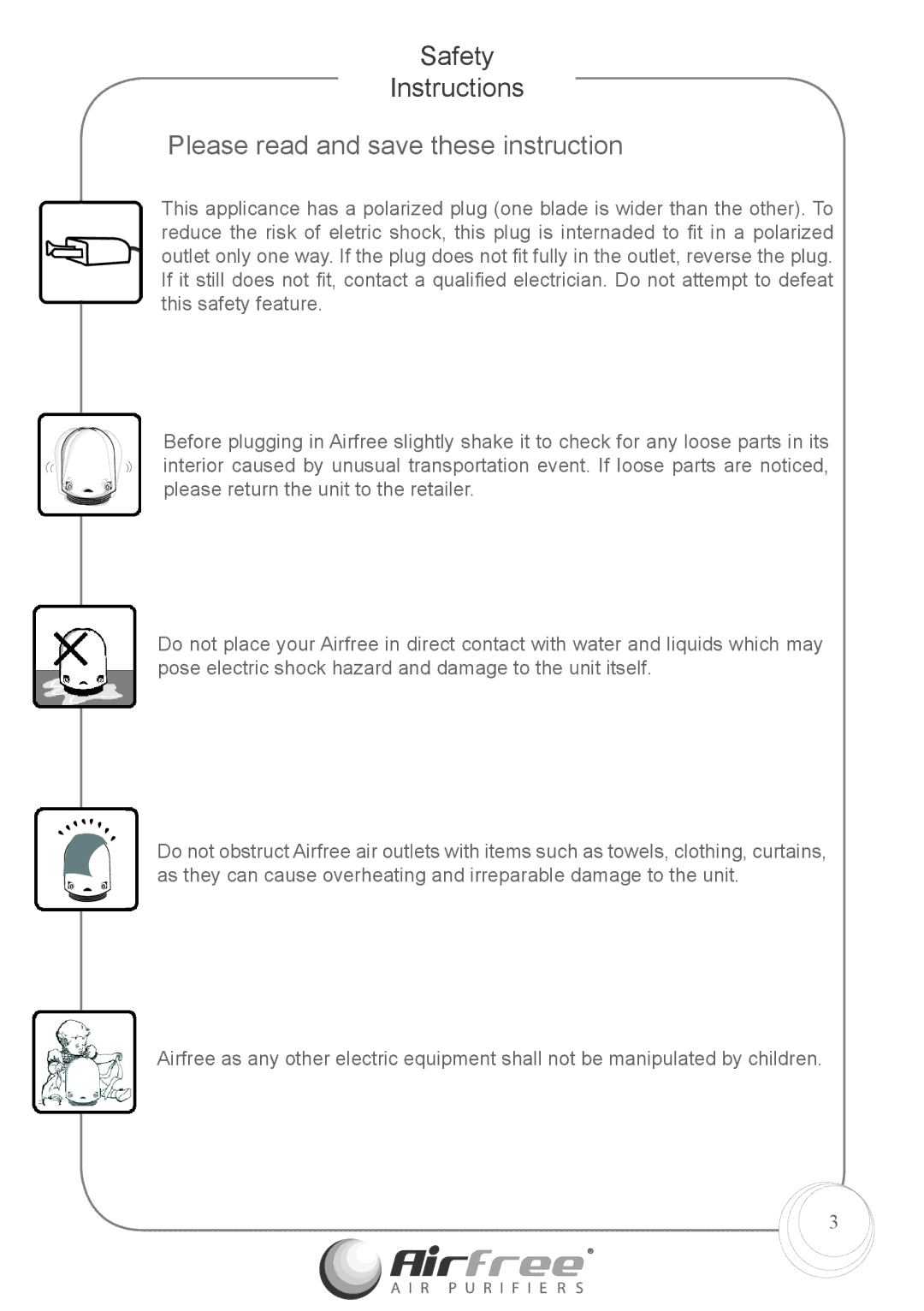 Airfree p1000 instruction manual Safety Instructions, Please read and save these instruction 