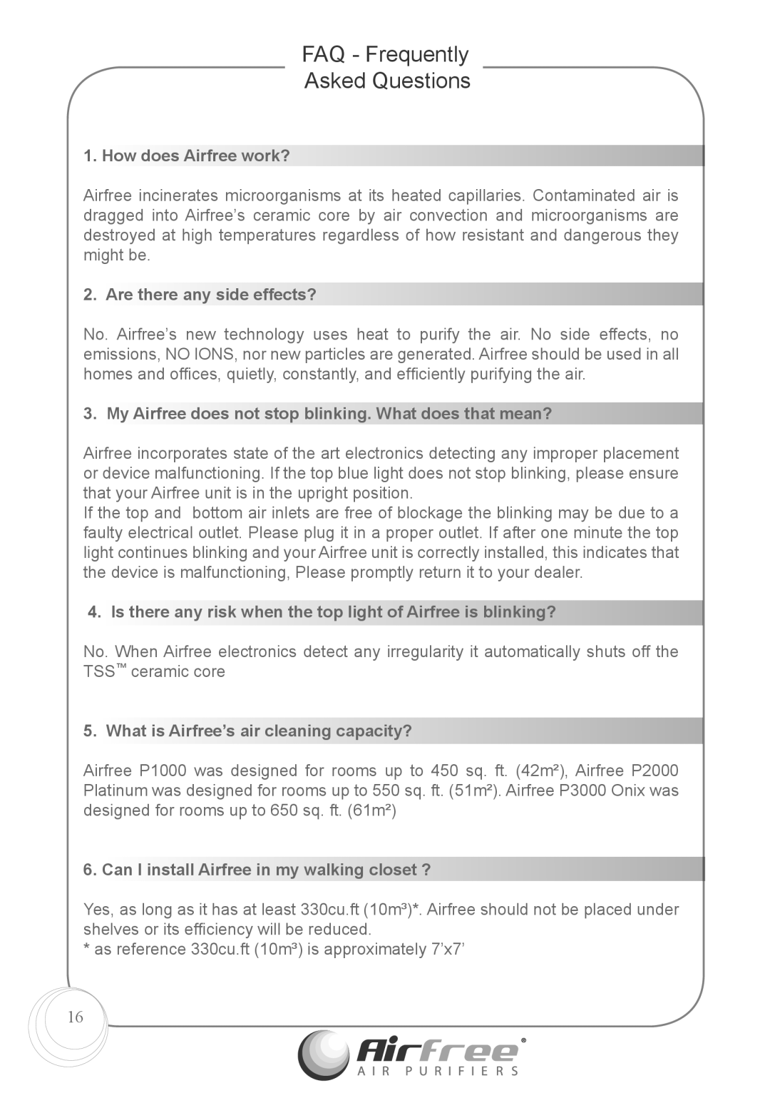 Airfree p1000 instruction manual FAQ - Frequently Asked Questions, How does Airfree work?, Are there any side effects? 