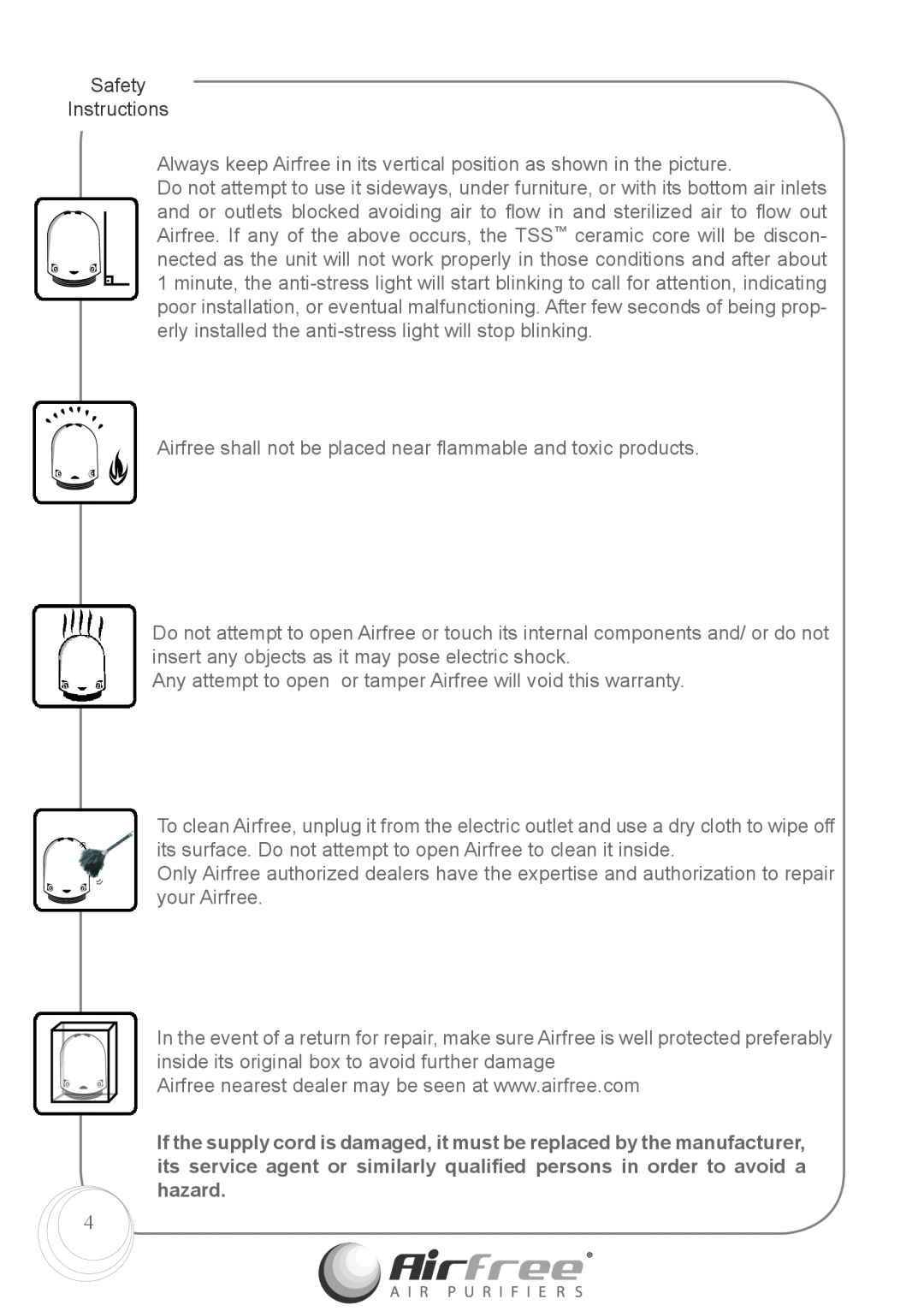 Airfree p1000 instruction manual Safety Instructions 