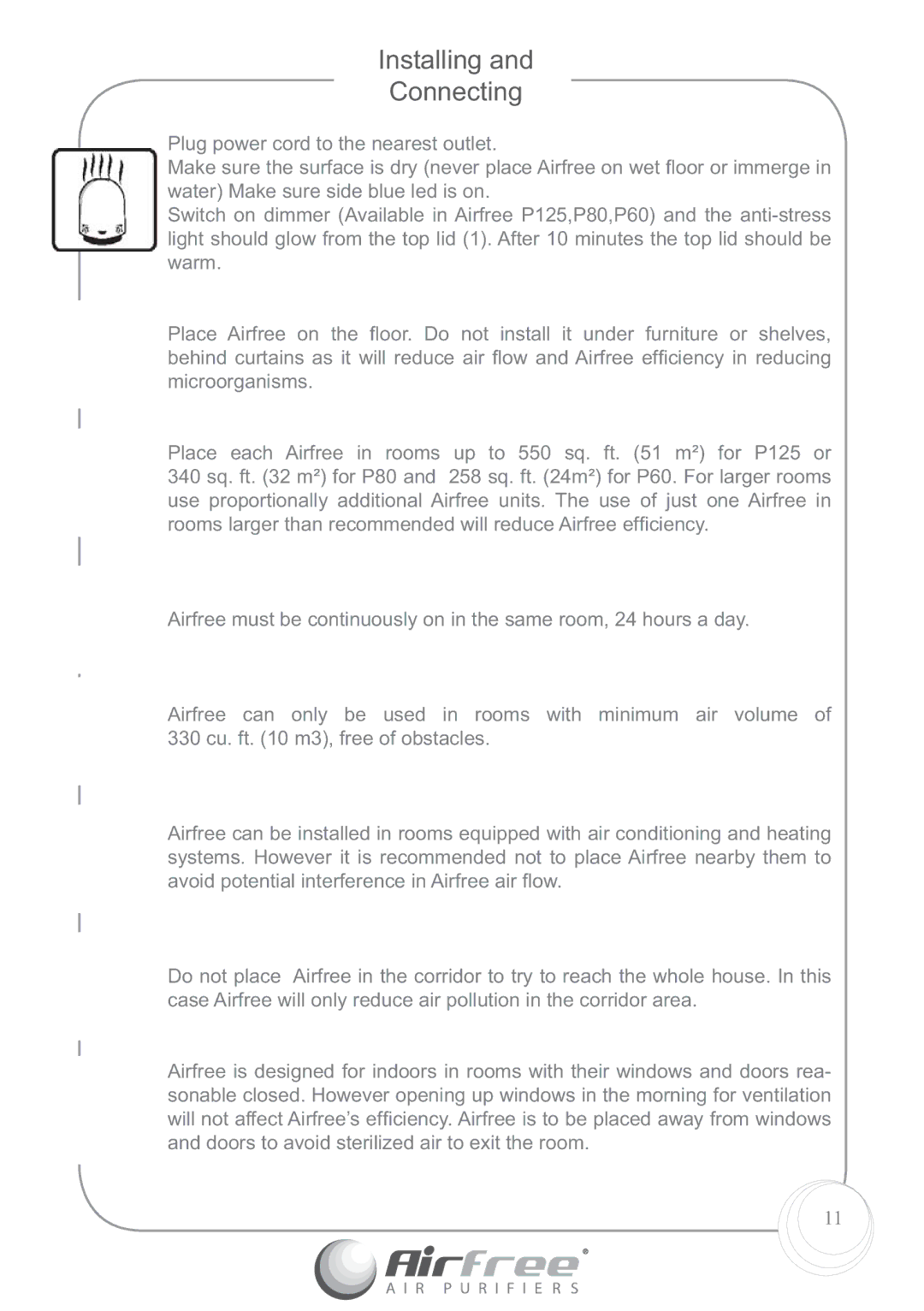 Airfree P125, P60 instruction manual Installing Connecting 