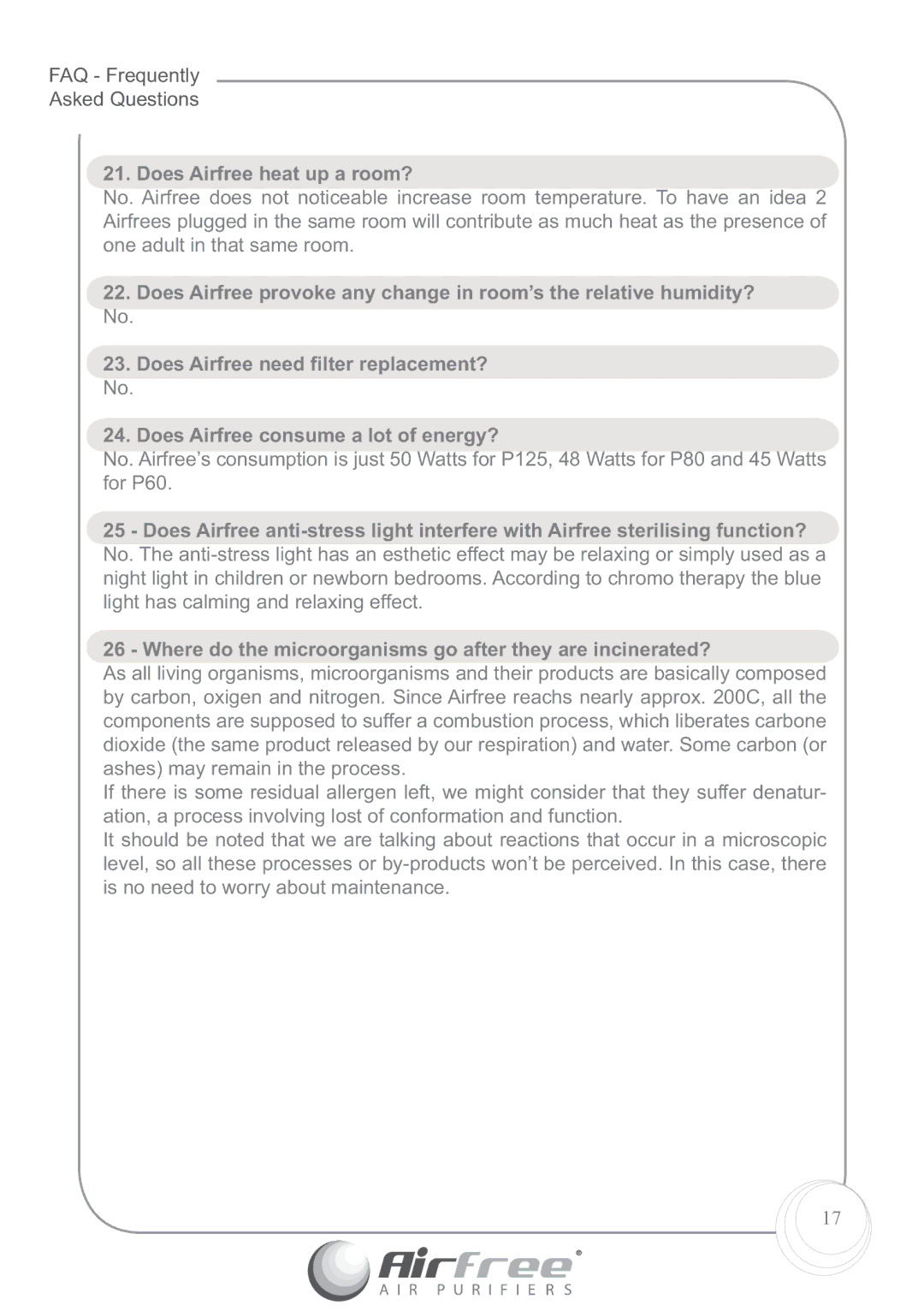 Airfree P125, P60 instruction manual Does Airfree heat up a room? 