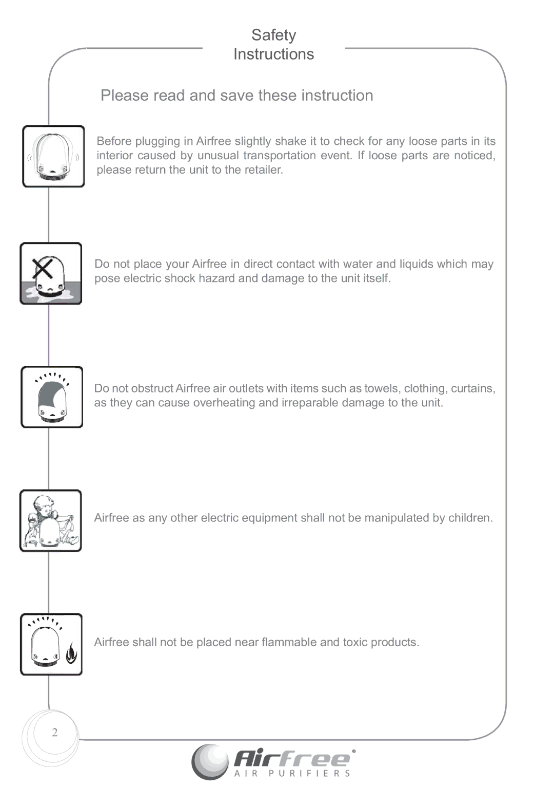 Airfree P60, P125 instruction manual Safety Instructions, Please read and save these instruction 