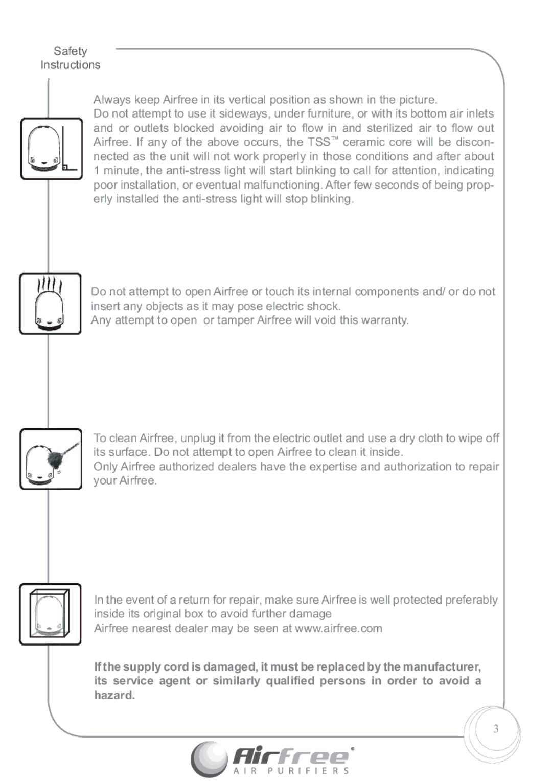 Airfree P125, P60 instruction manual Safety Instructions 