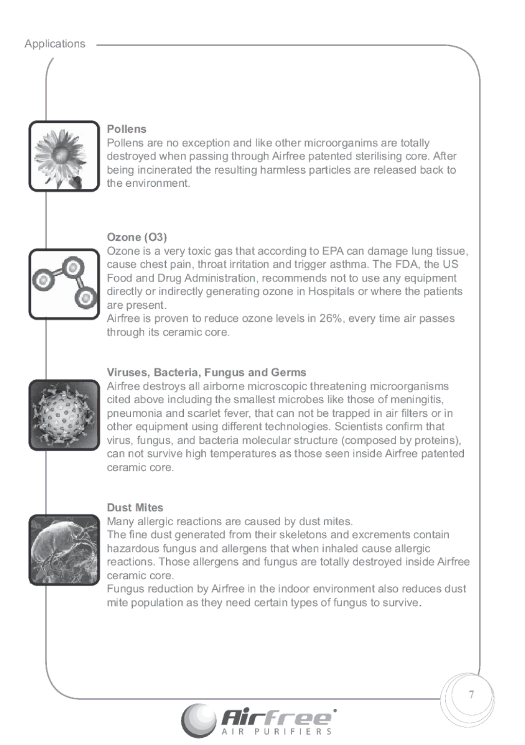 Airfree P125, P60 instruction manual Pollens, Ozone O3, Viruses, Bacteria, Fungus and Germs, Dust Mites 