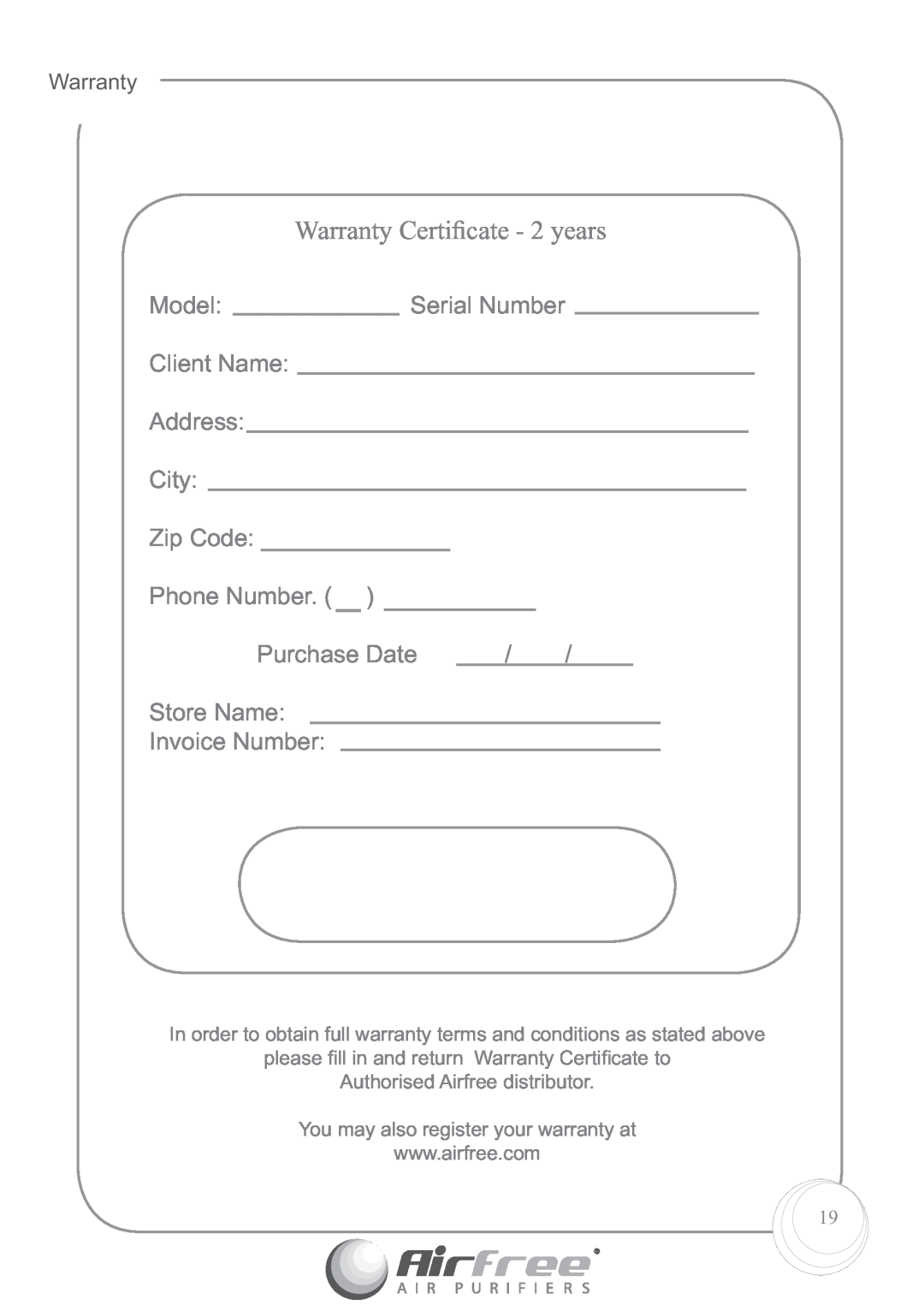 Airfree P125, P60 Warranty Certiﬁcate - 2 years, Model, Serial Number, Client Name, Address, City, Zip Code, Phone Number 