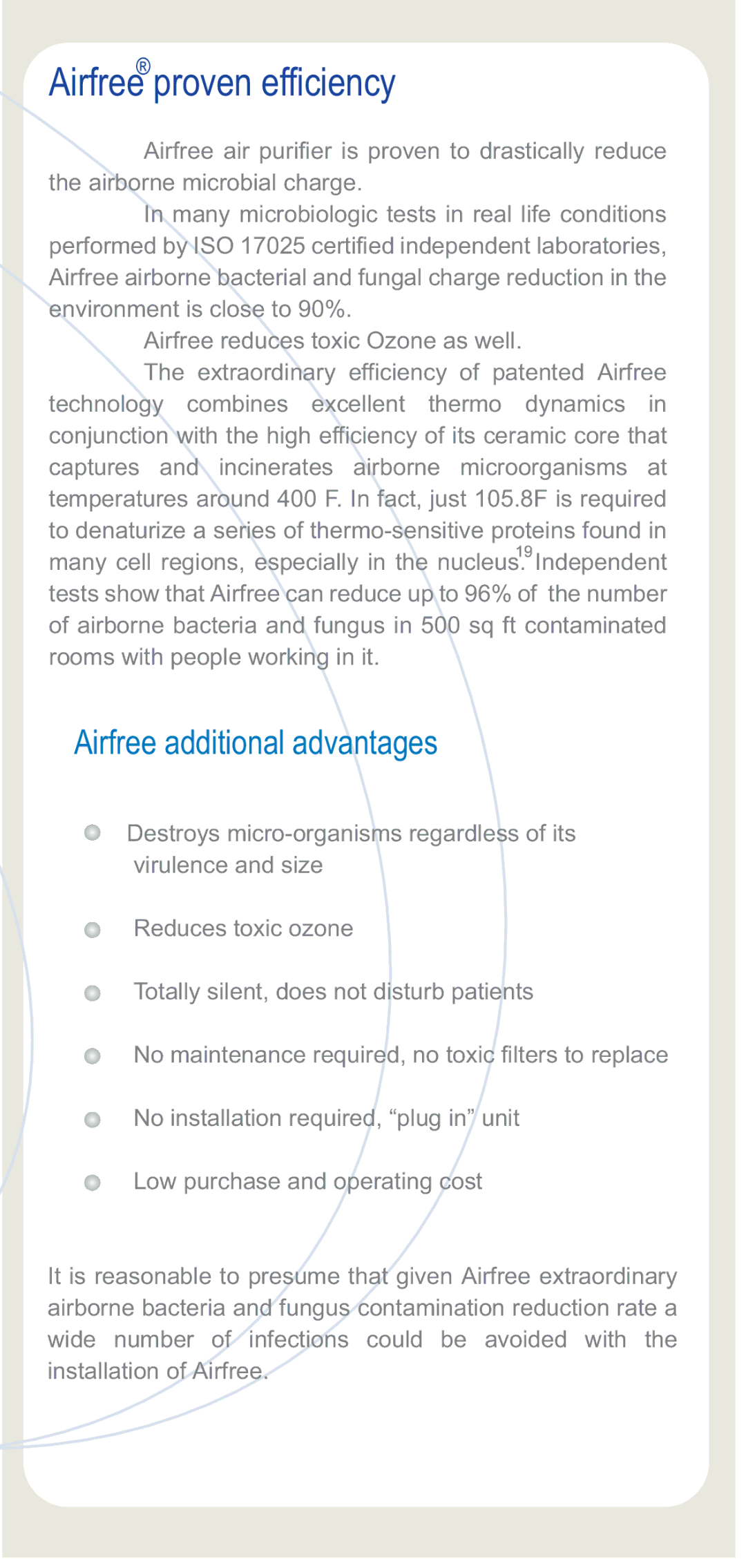 Airfree P80 manual Airfree proven efficiency, Airfree additional advantages 