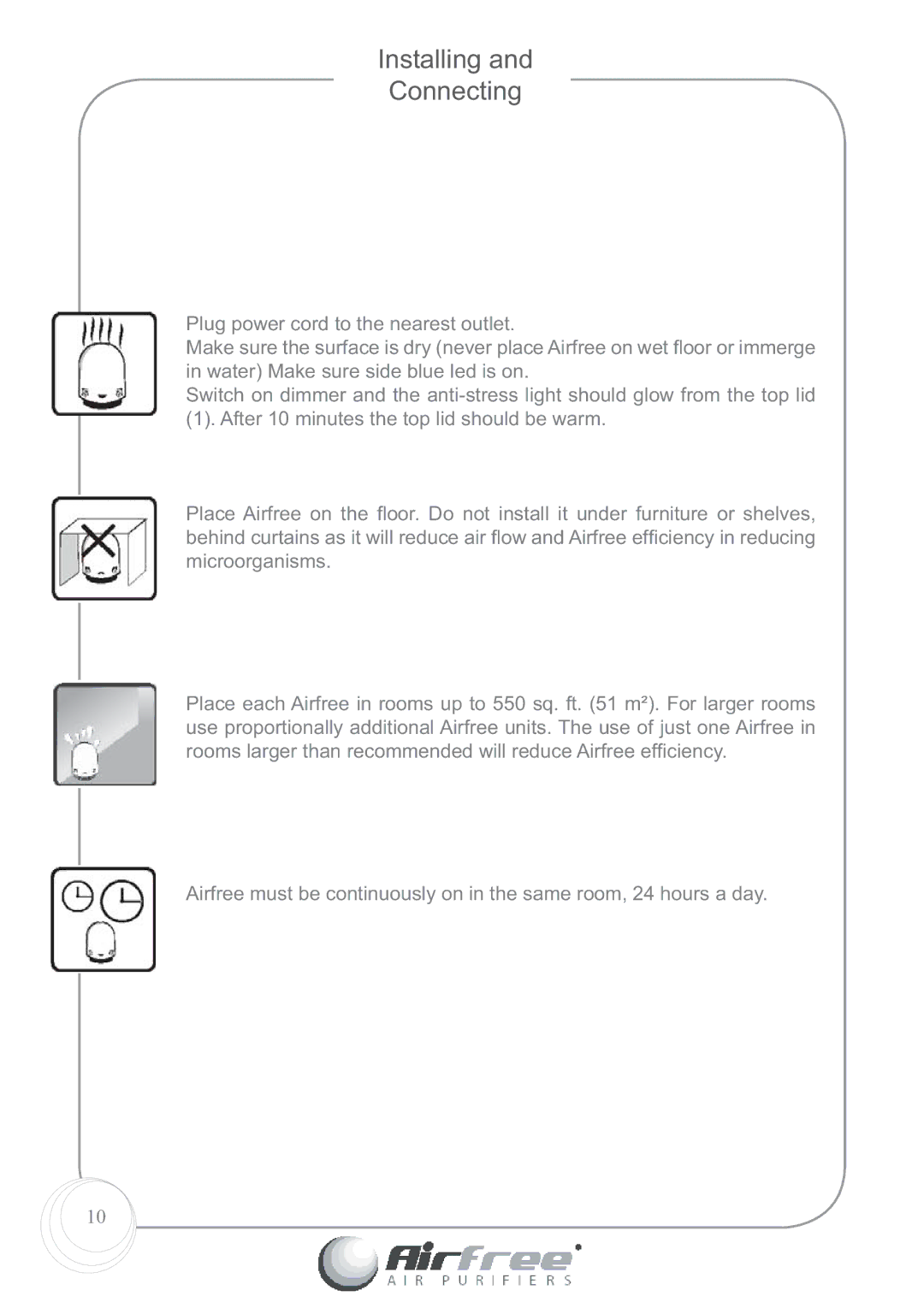 Airfree Platinum 125 instruction manual Installing Connecting 