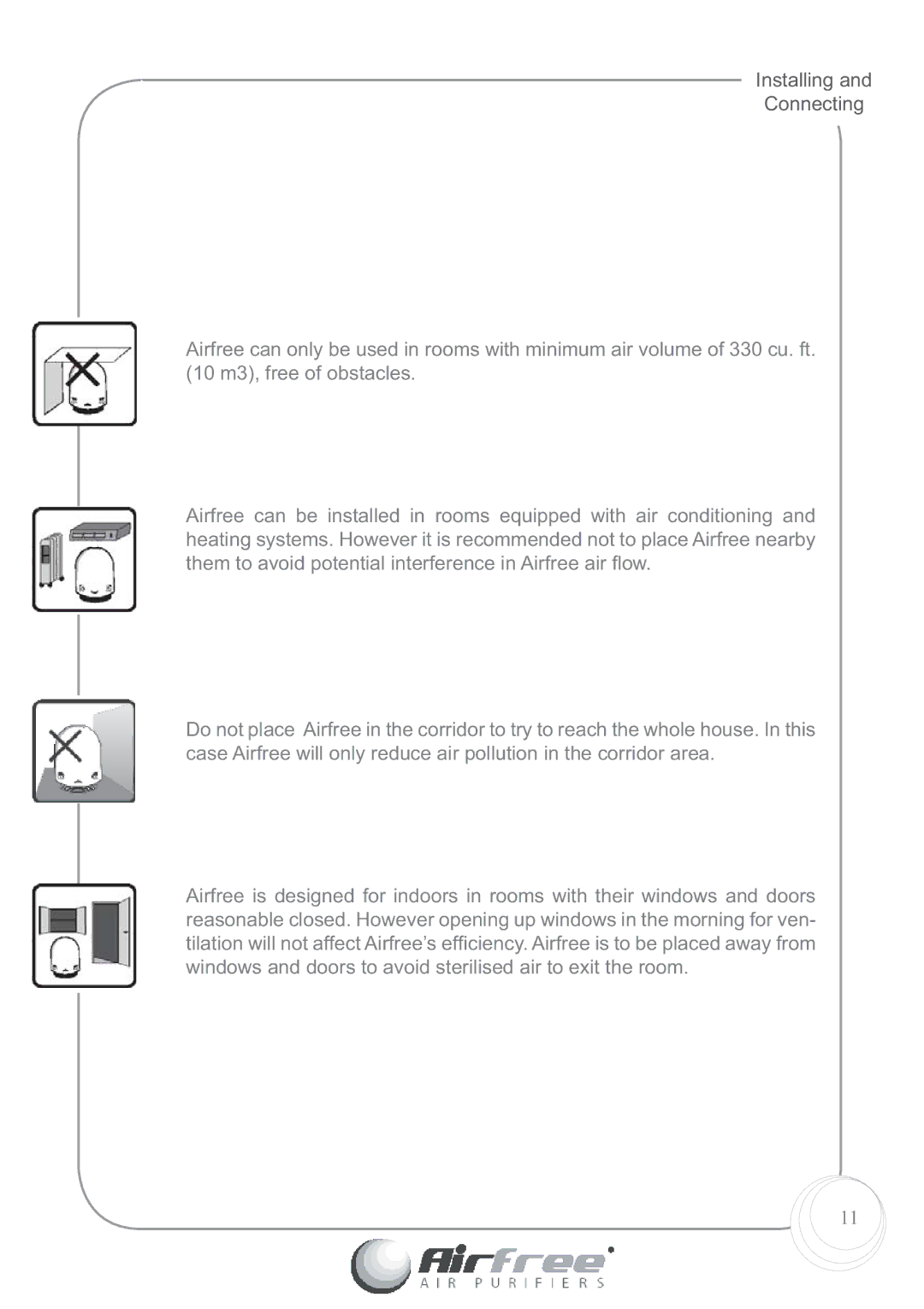 Airfree Platinum 125 instruction manual Installing Connecting 