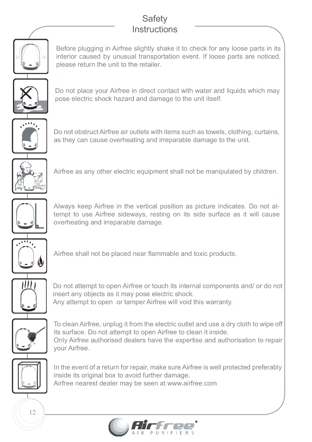 Airfree Platinum 125 instruction manual Safety Instructions 