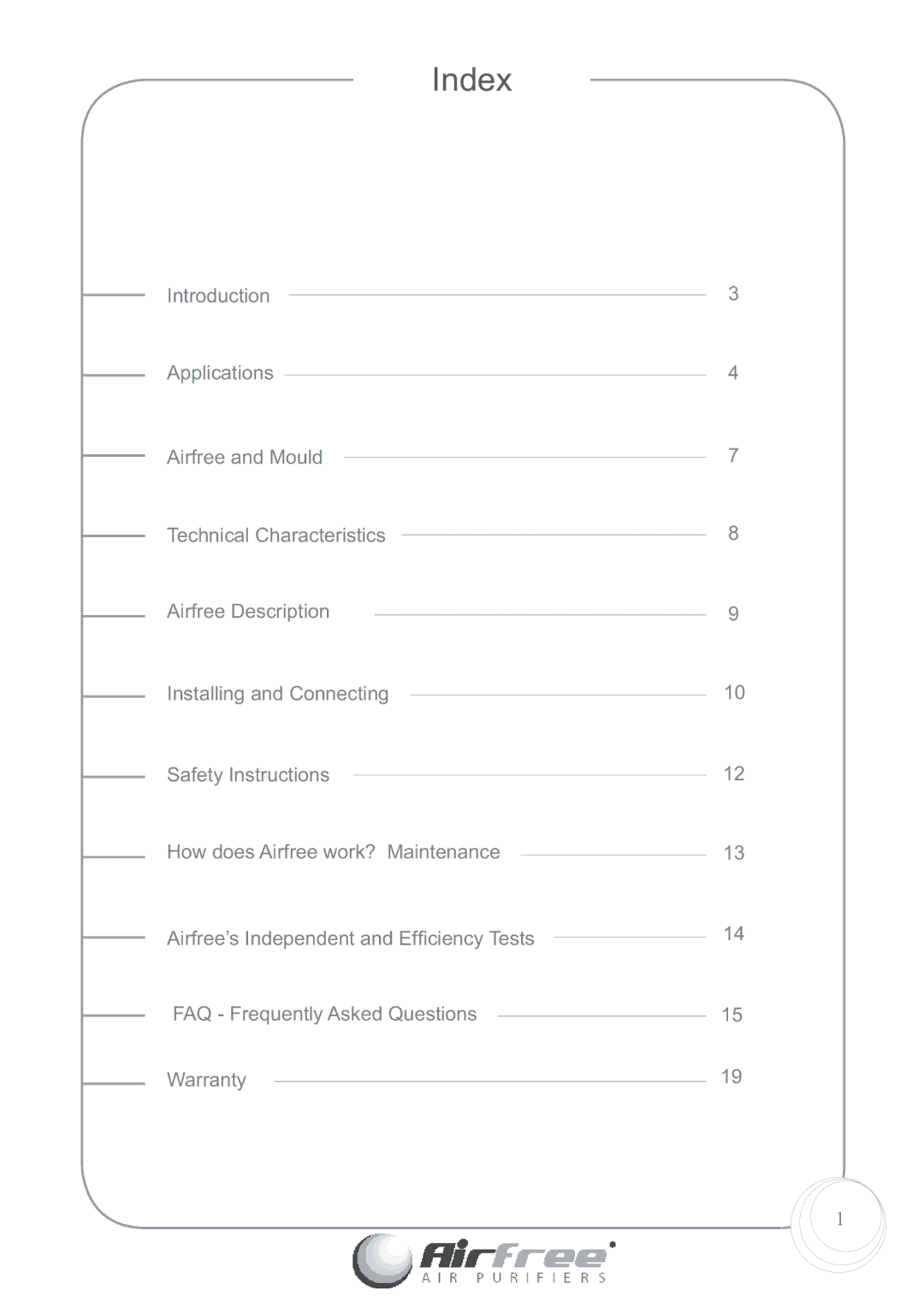 Airfree Platinum 125 instruction manual Index 