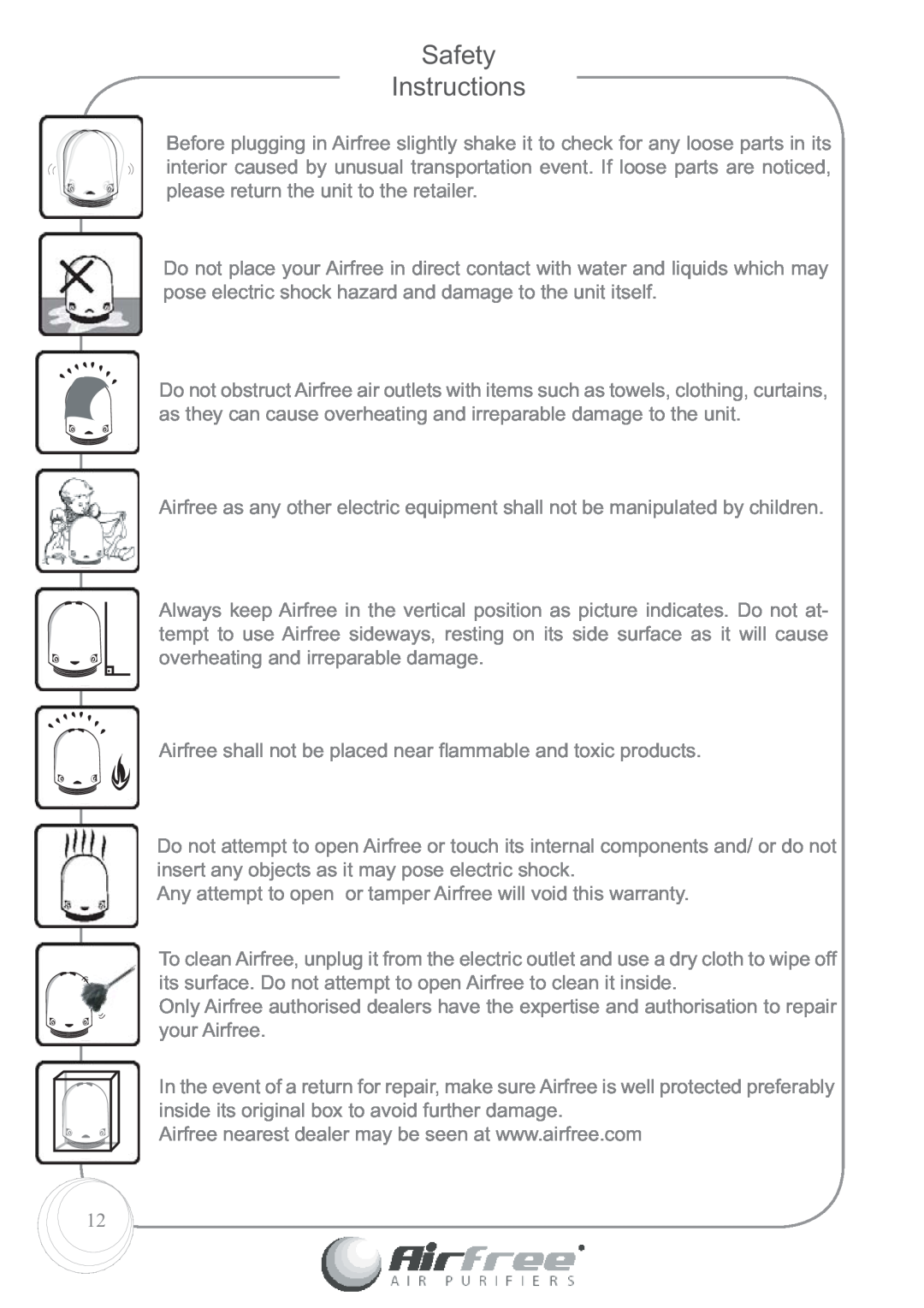 Airfree Platinum 125 instruction manual Safety Instructions 