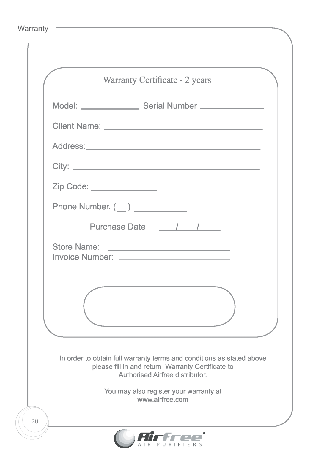 Airfree Platinum 125 Warranty Certiﬁcate - 2 years, Model, Serial Number, Client Name, Address, City, Zip Code, Store Name 