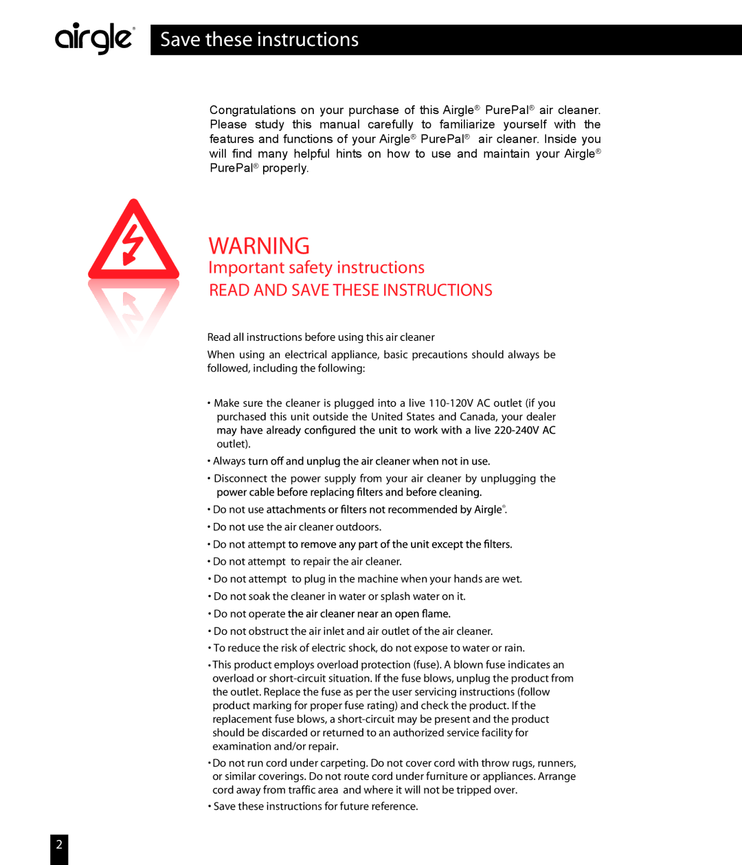 Airgle AG850, AG800 owner manual Read and Save These Instructions 