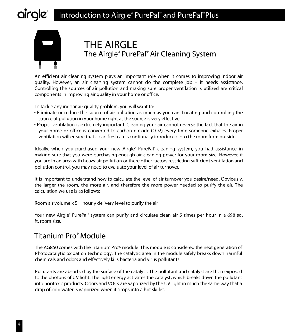 Airgle AG850, AG800 owner manual Airgle PurePal Air Cleaning System, Titanium Pro Module 