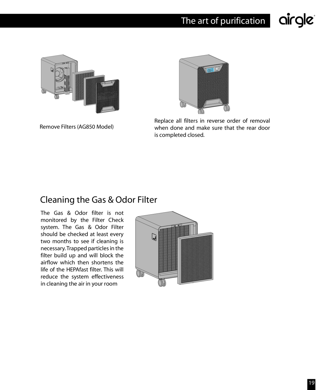 Airgle AG800 Cleaning the Gas & Odor Filter, The art of purification, Replace all filters in reverse order of removal 