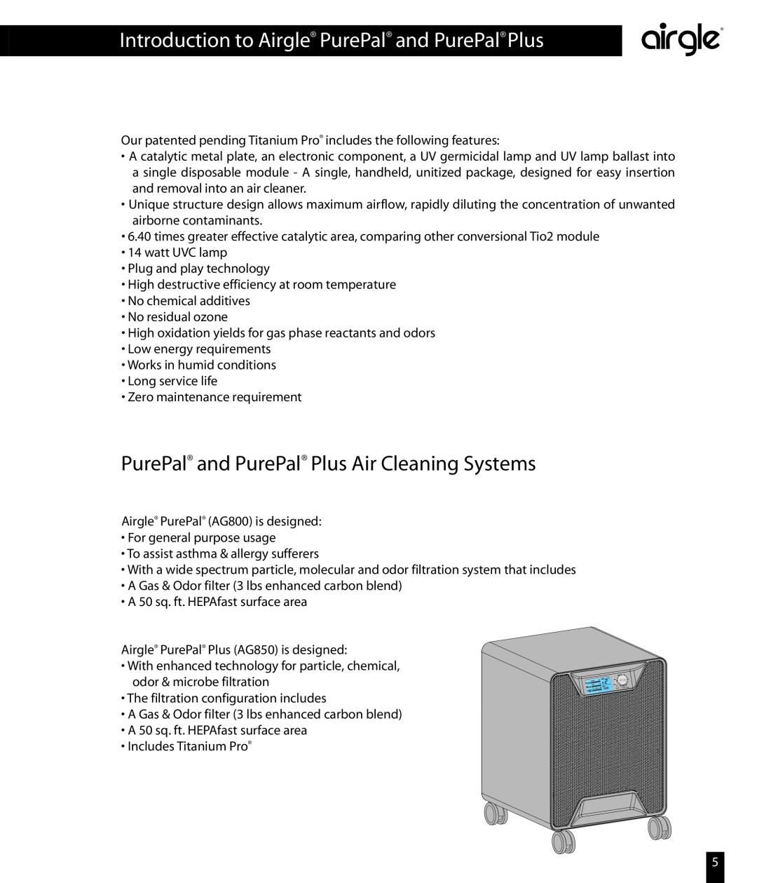 Airgle AG800, AG850 PurePal and PurePal Plus Air Cleaning Systems, Introduction to Airgle PurePal and PurePal Plus 