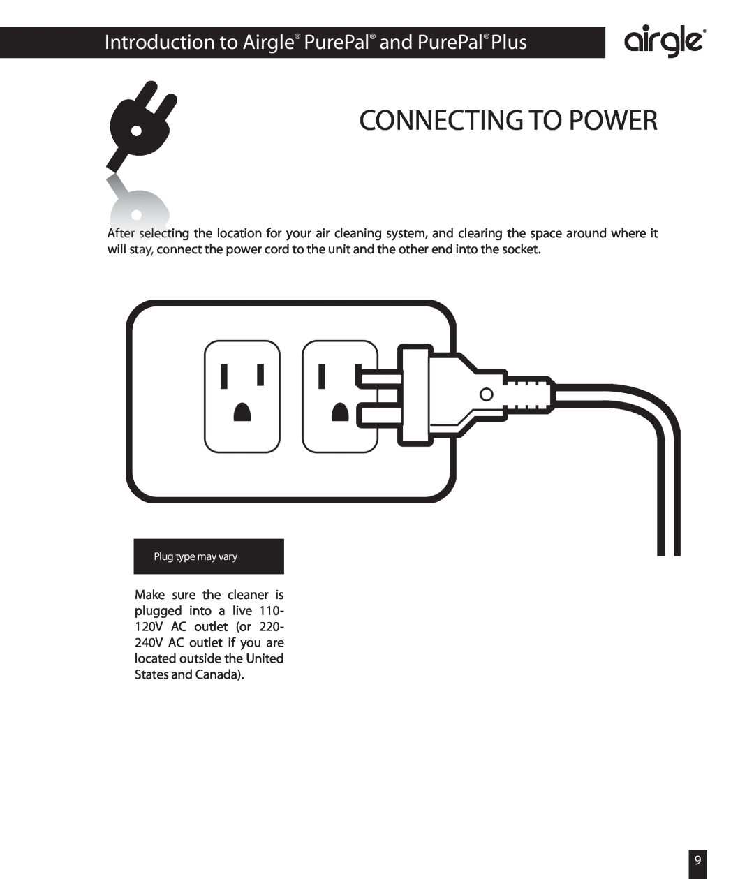 Airgle AG800, AG850 owner manual Connecting To Power, Introduction to Airgle PurePal and PurePal Plus, Plug type may vary 