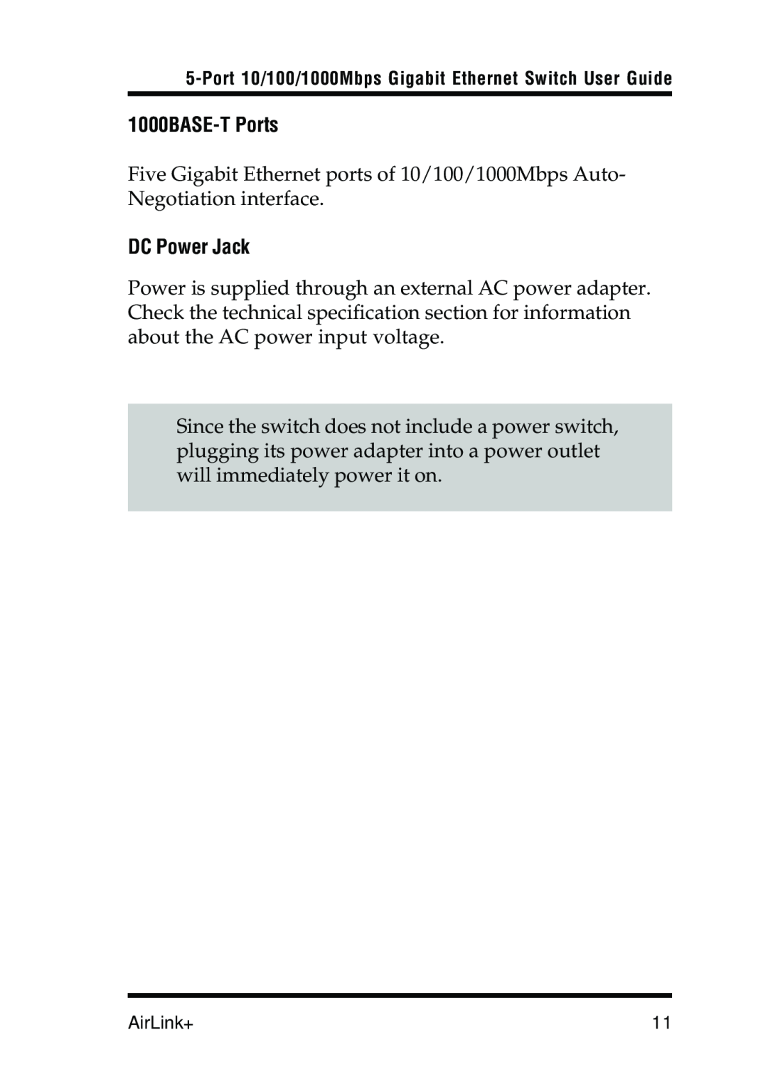 Airlink 5-Port manual 1000BASE-T Ports, DC Power Jack 
