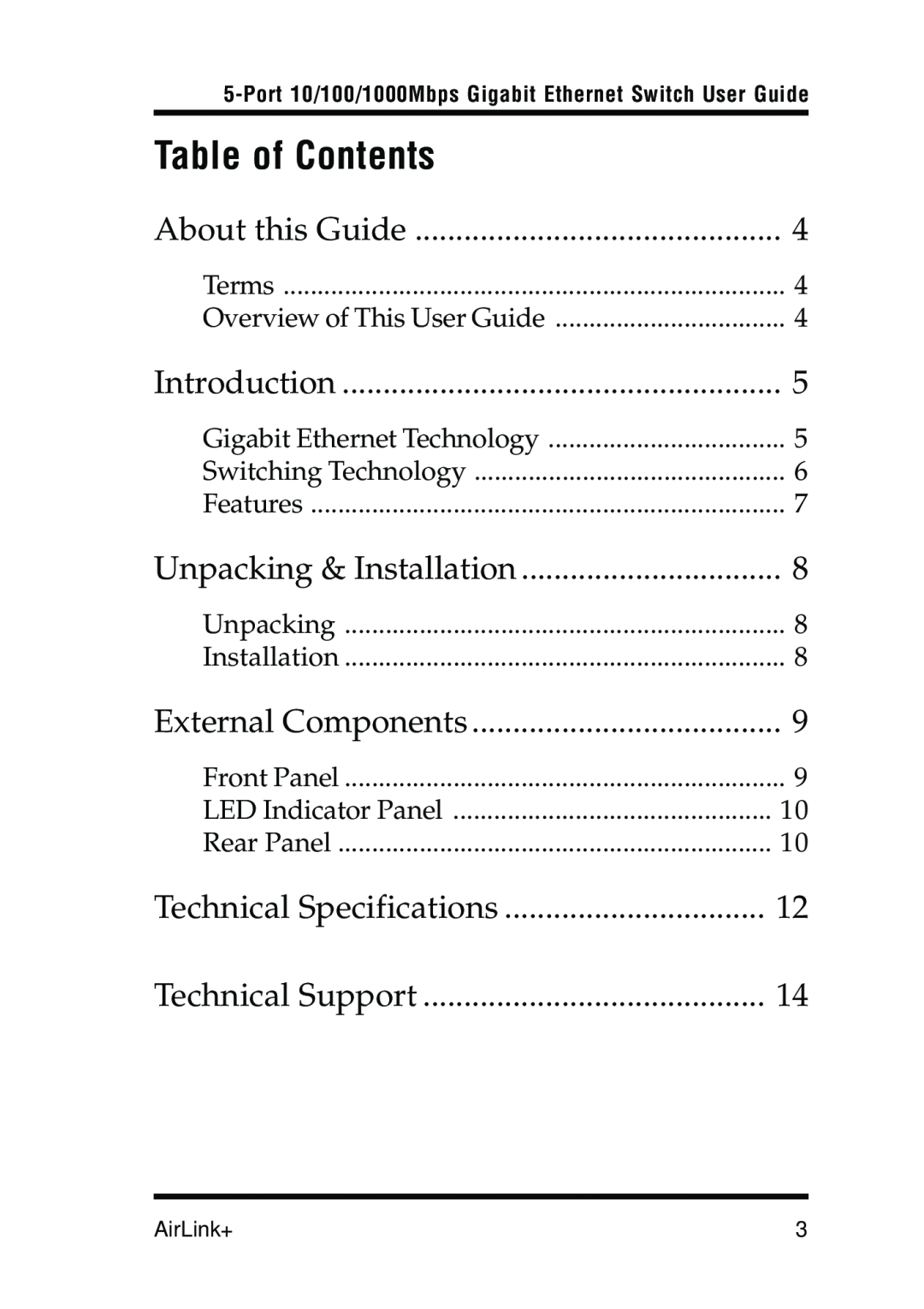 Airlink 5-Port manual Table of Contents, About this Guide, Introduction, Unpacking & Installation, External Components 