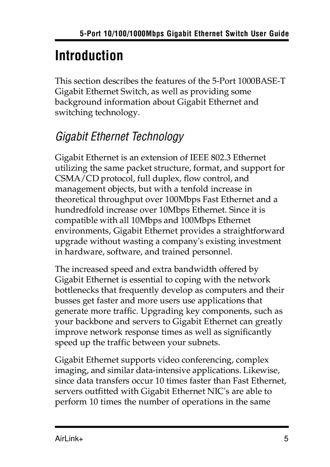 Airlink 5-Port manual Introduction, Gigabit Ethernet Technology 