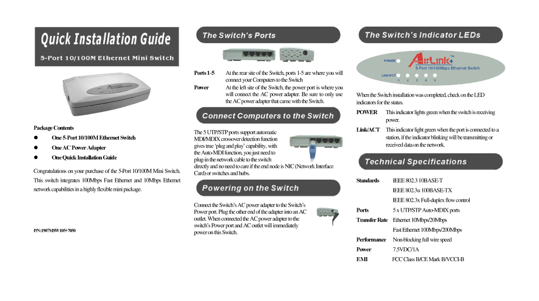 Airlink 5-Port10/100ME manual Standards, Ports, Power 