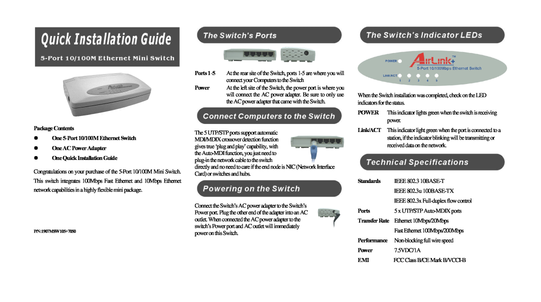 Airlink 5-Port10/100ME manual Package Contents One 5-Port 10/100M Ethernet Switch, Standards, IEEE 802.3 10BASE-T, Ports 