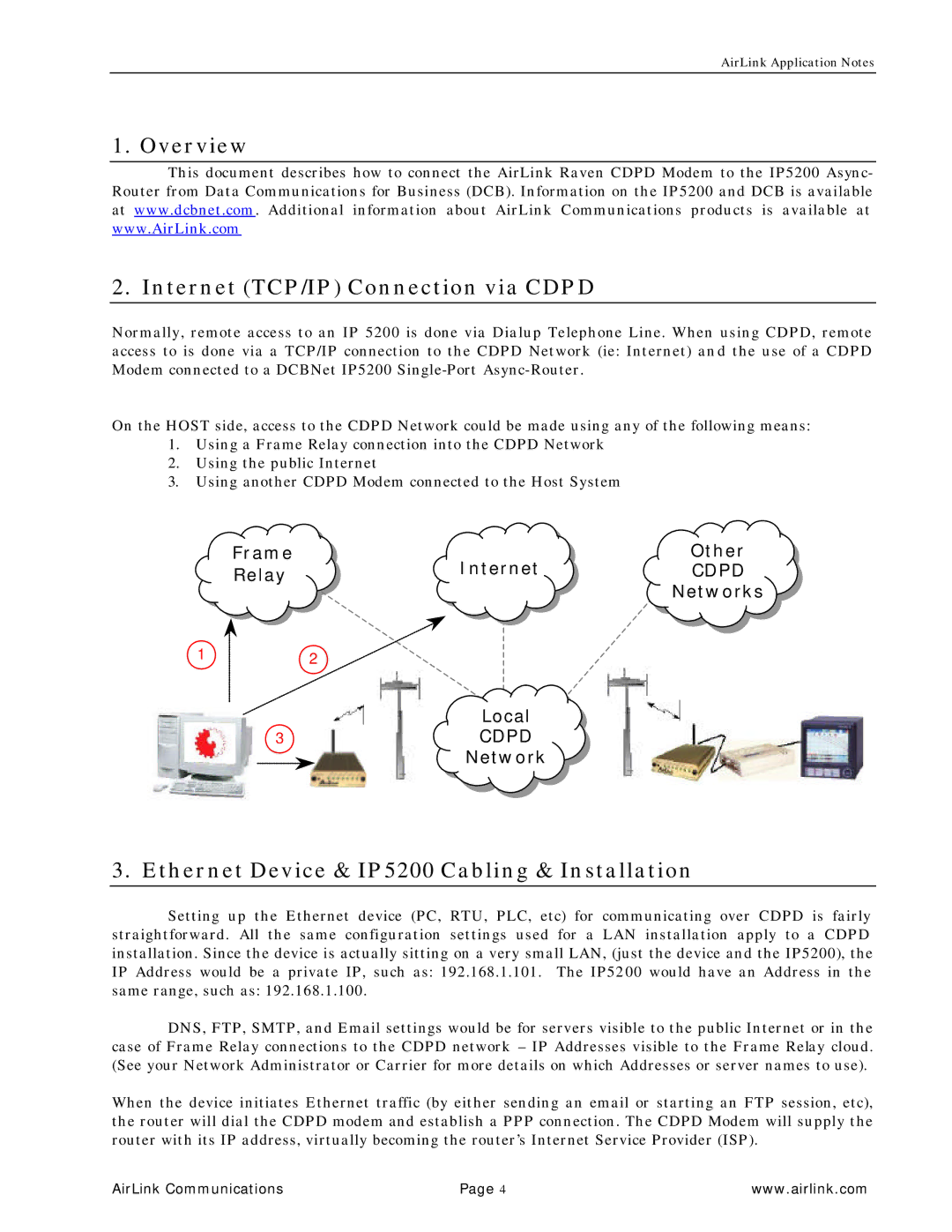 Airlink manual Overview Internet TCP/IP Connection via Cdpd, Ethernet Device & IP5200 Cabling & Installation 