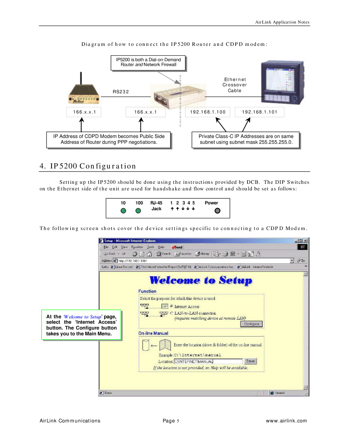 Airlink manual IP5200 Configuration, Diagram of how to connect the IP5200 Router and Cdpd modem 