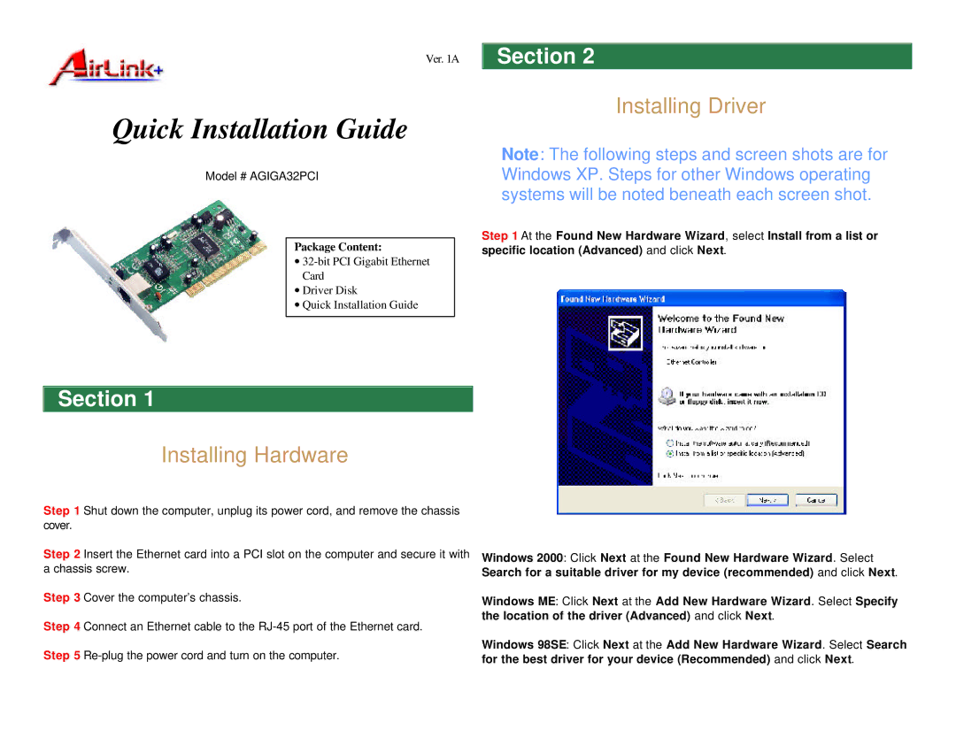 Airlink AGIGA32PCI manual Installing Driver, Installing Hardware 