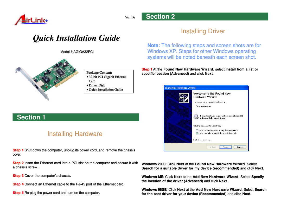 Airlink AGIGA32PCI manual Section, Installing Driver, Installing Hardware, Package Content, Quick Installation Guide 