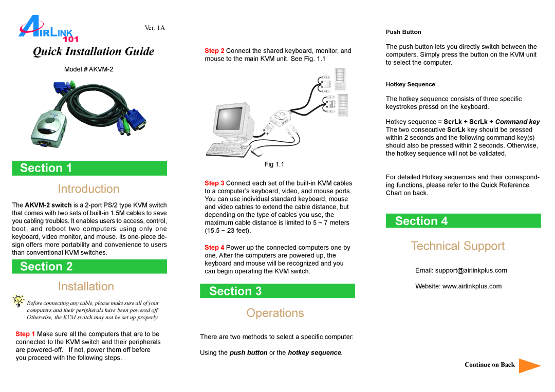 Airlink AKVM-2 manual Introduction, Operations, Technical Support, Quick Installation Guide, Section, Continue on Back 