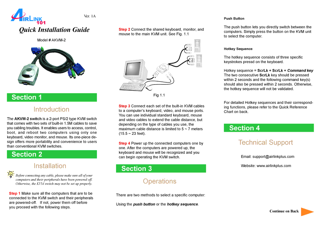 Airlink AKVM-2 manual Section, Introduction, Installation, Operations, Technical Support 