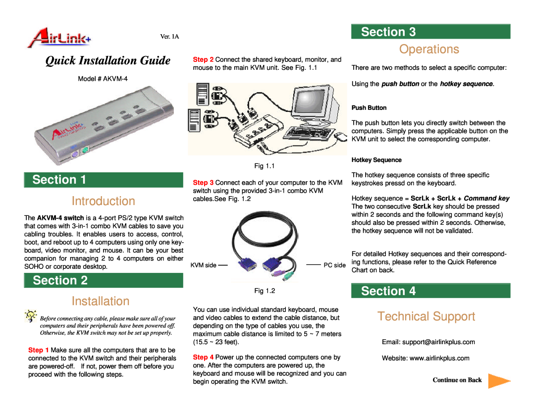 Airlink AKVM-4 manual Operations, Introduction, Technical Support, Quick Installation Guide, Section, Continue on Back 
