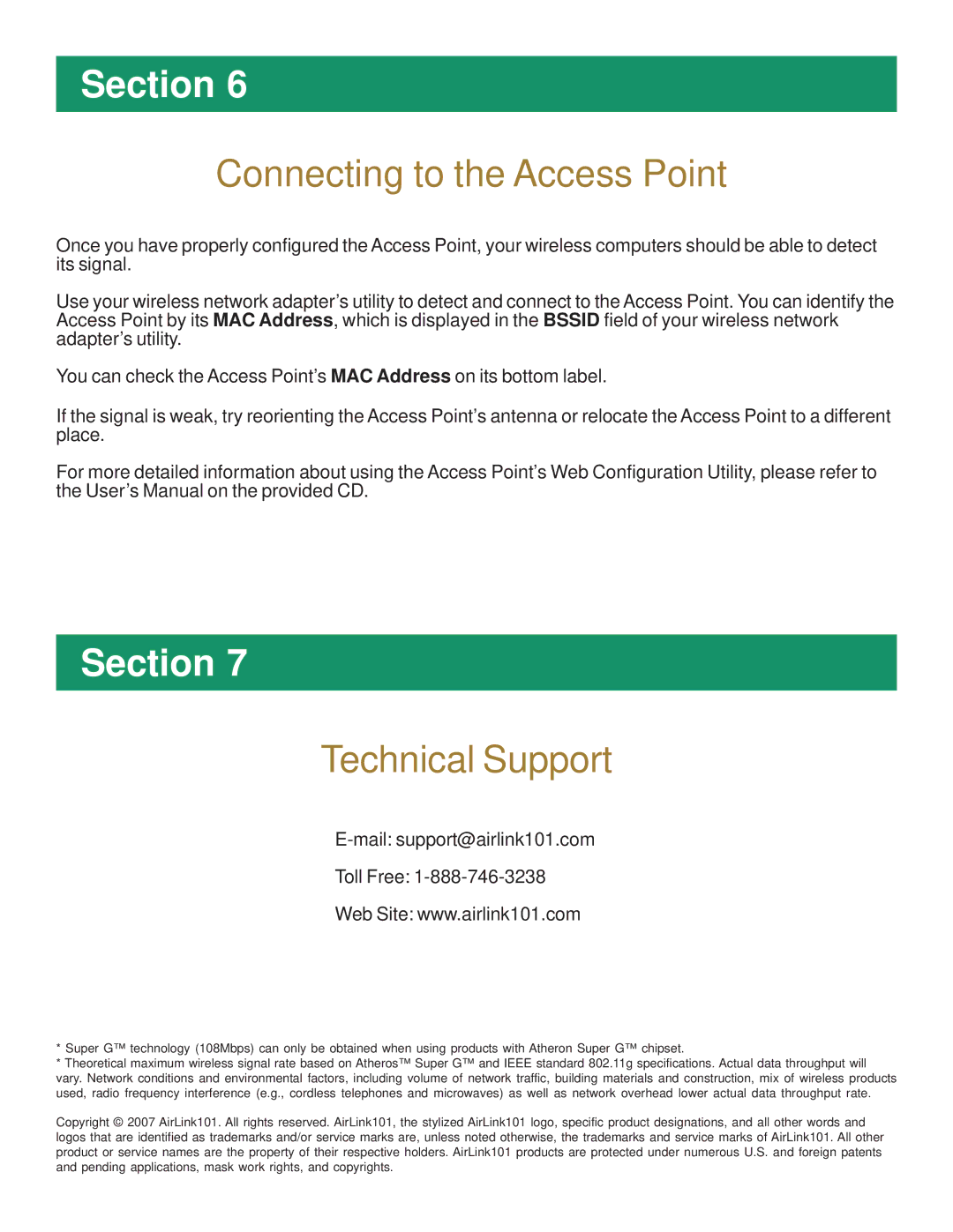 Airlink AP431W manual Connecting to the Access Point, Technical Support 