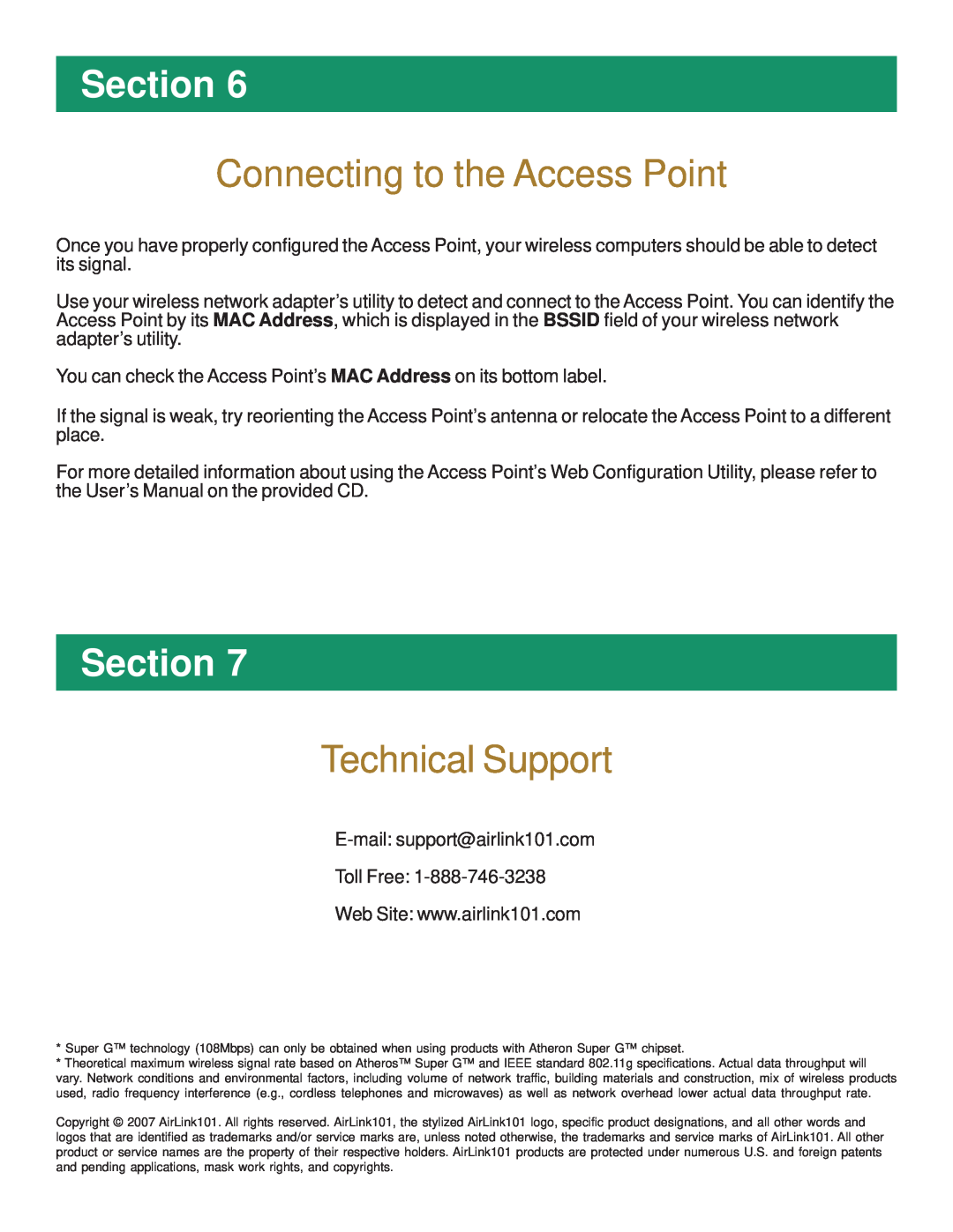 Airlink AP431W manual Connecting to the Access Point, Technical Support, Section 