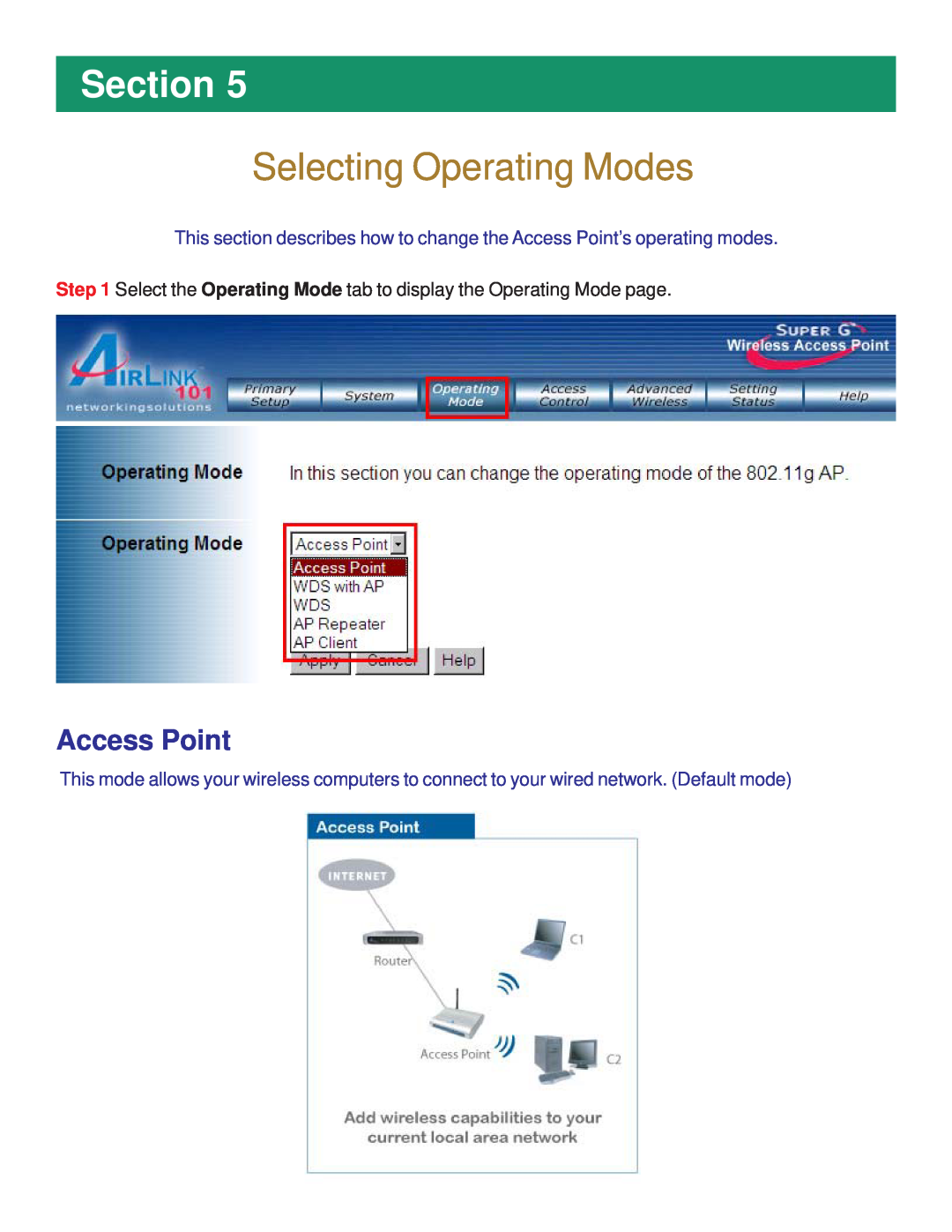 Airlink AP431W manual Selecting Operating Modes, Access Point, Section 