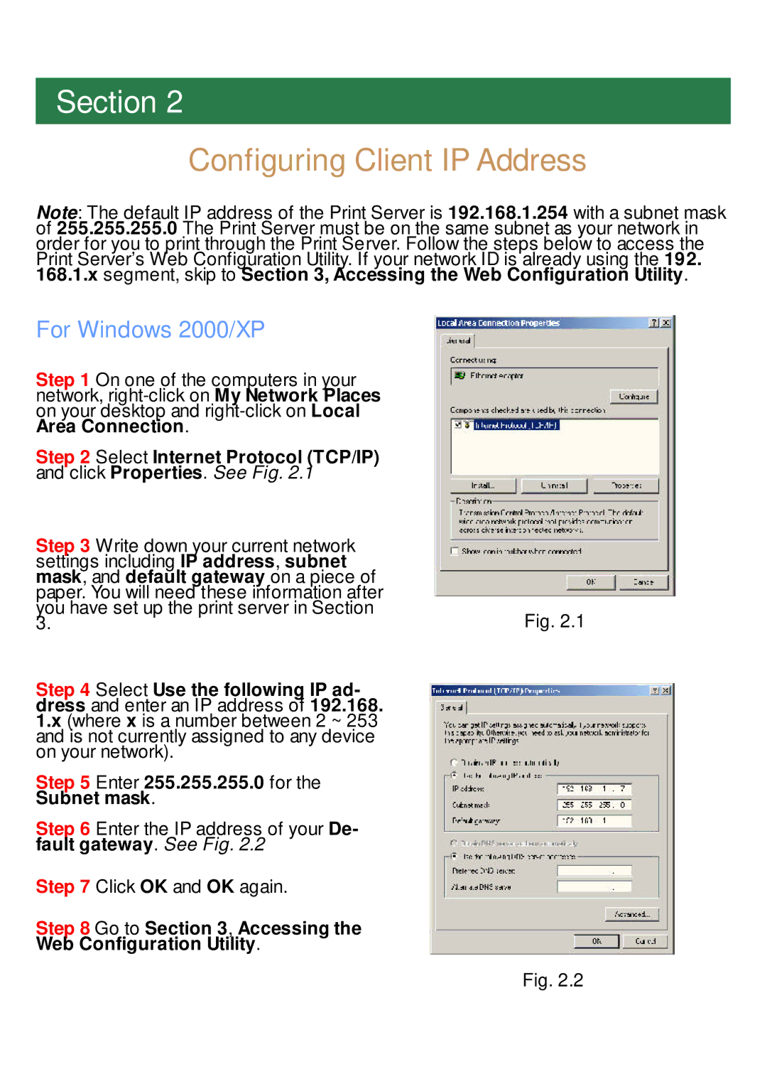 Airlink APSUSB1 manual Configuring Client IP Address, For Windows 2000/XP 