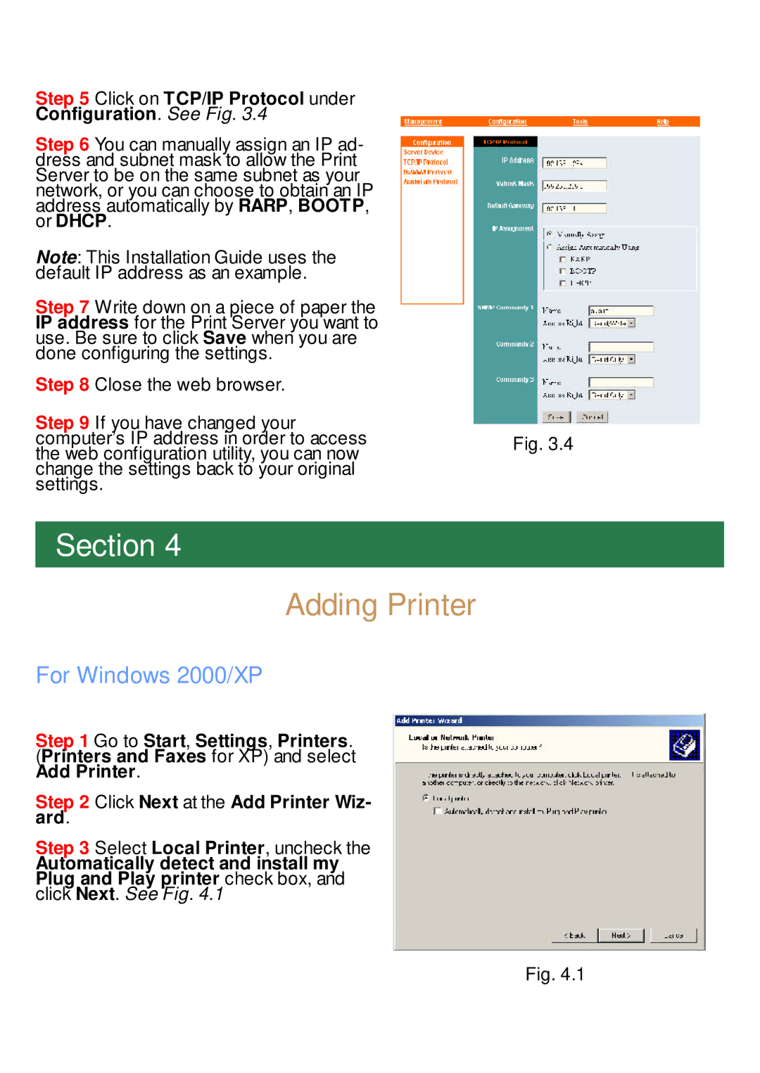 Airlink APSUSB1 manual Adding Printer, Click on TCP/IP Protocol under Configuration. See Fig 